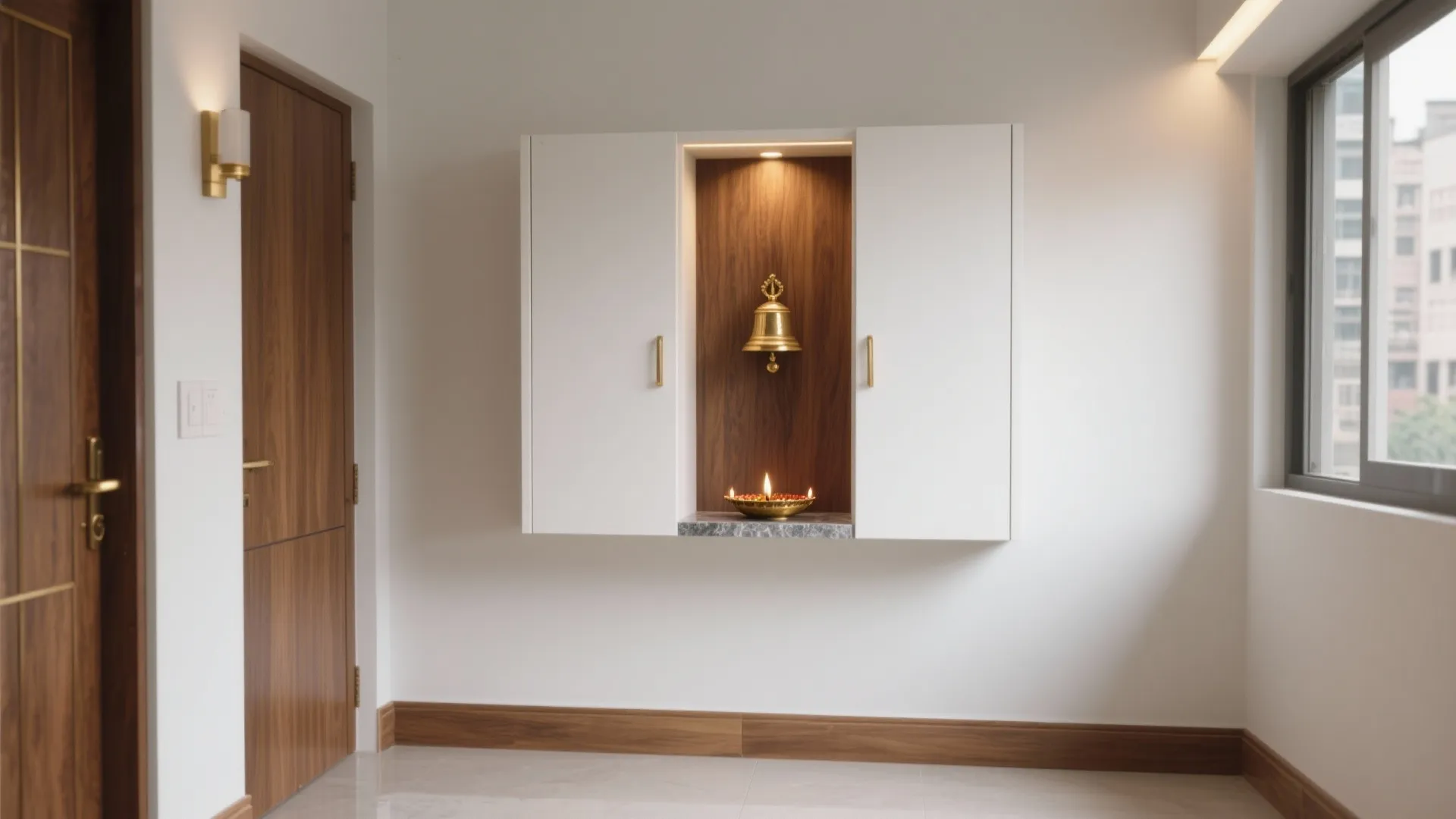 Modern white wall cabinet with wooden back featuring a hanging gold bell and small candles
