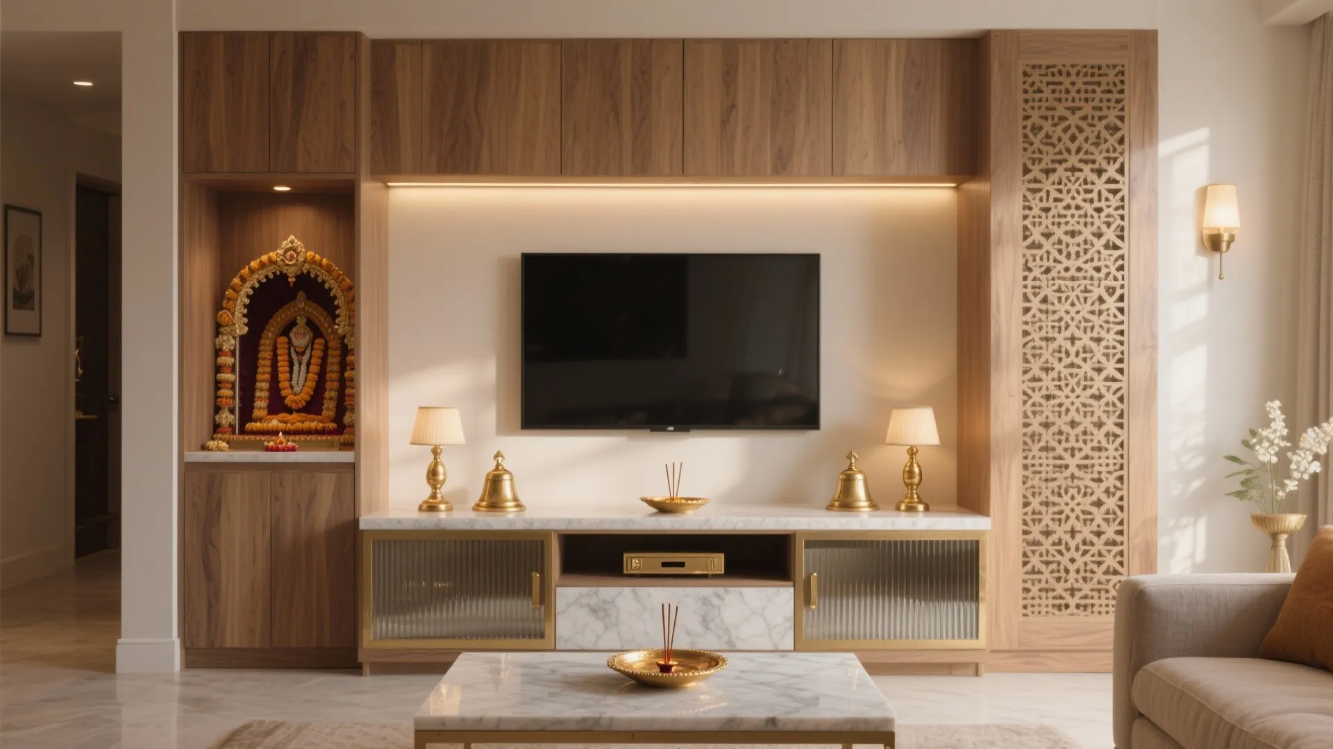 Modern living room featuring wooden cabinet with TV, small prayer altar, table lights, and sofa
