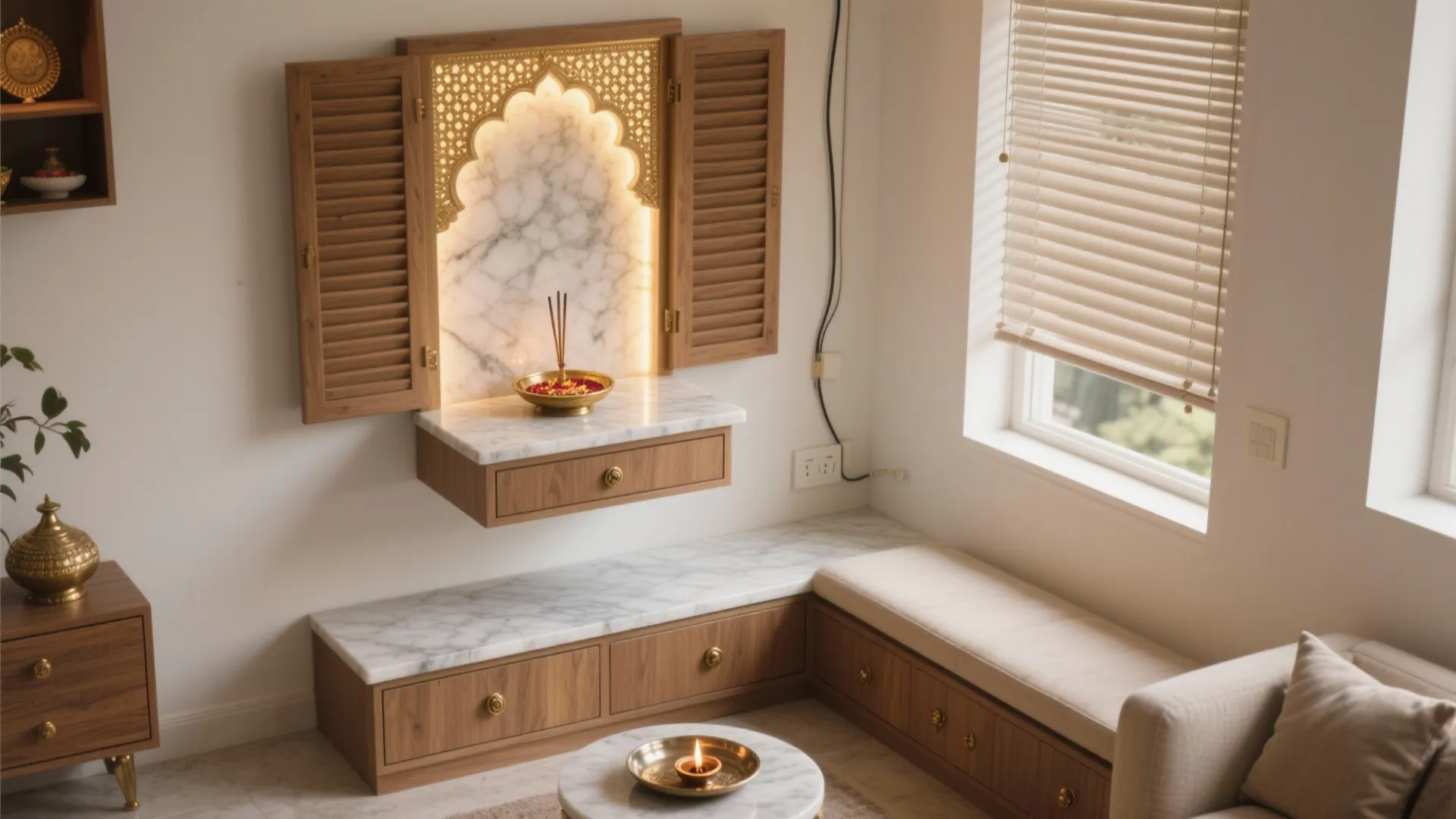 Modern prayer room with marble wall light fixture wooden cabinets window blinds and white seating area