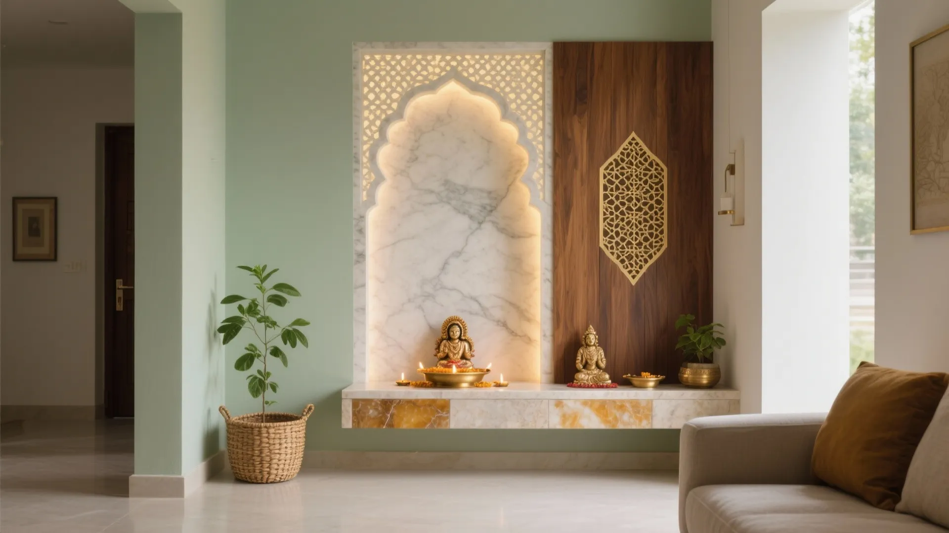 Modern prayer area with marble wall panel gold statues green walls and a woven plant basket