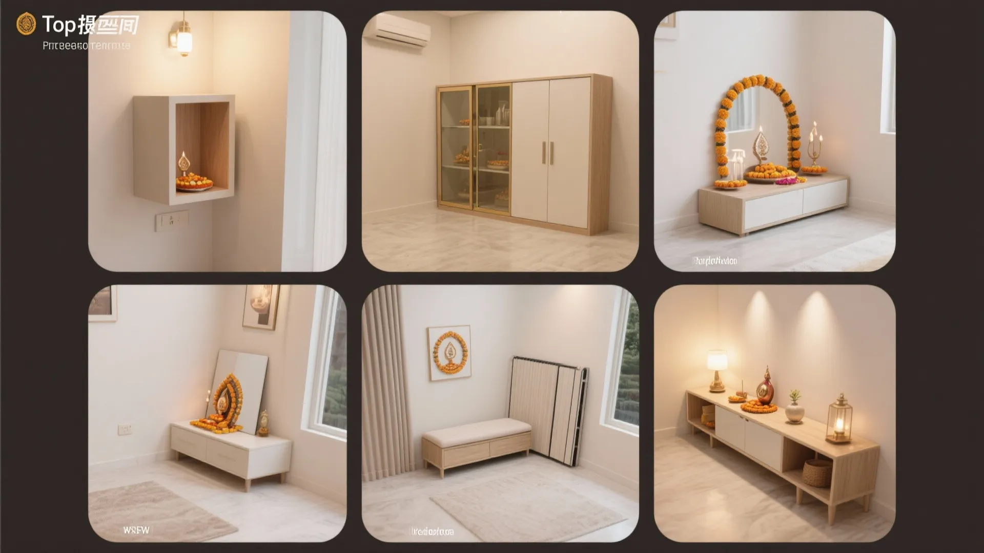 Six different interior design ideas for small home altars with cabinets and warm light fixtures