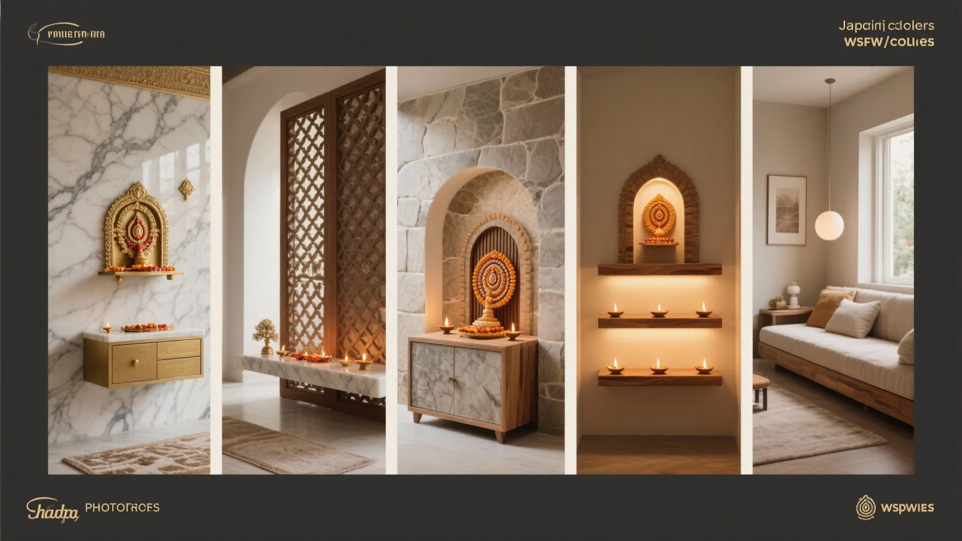 Composite scene highlighting marble-brass, floating altar, jaali screen, Japandi materials, and layered lighting ideas.