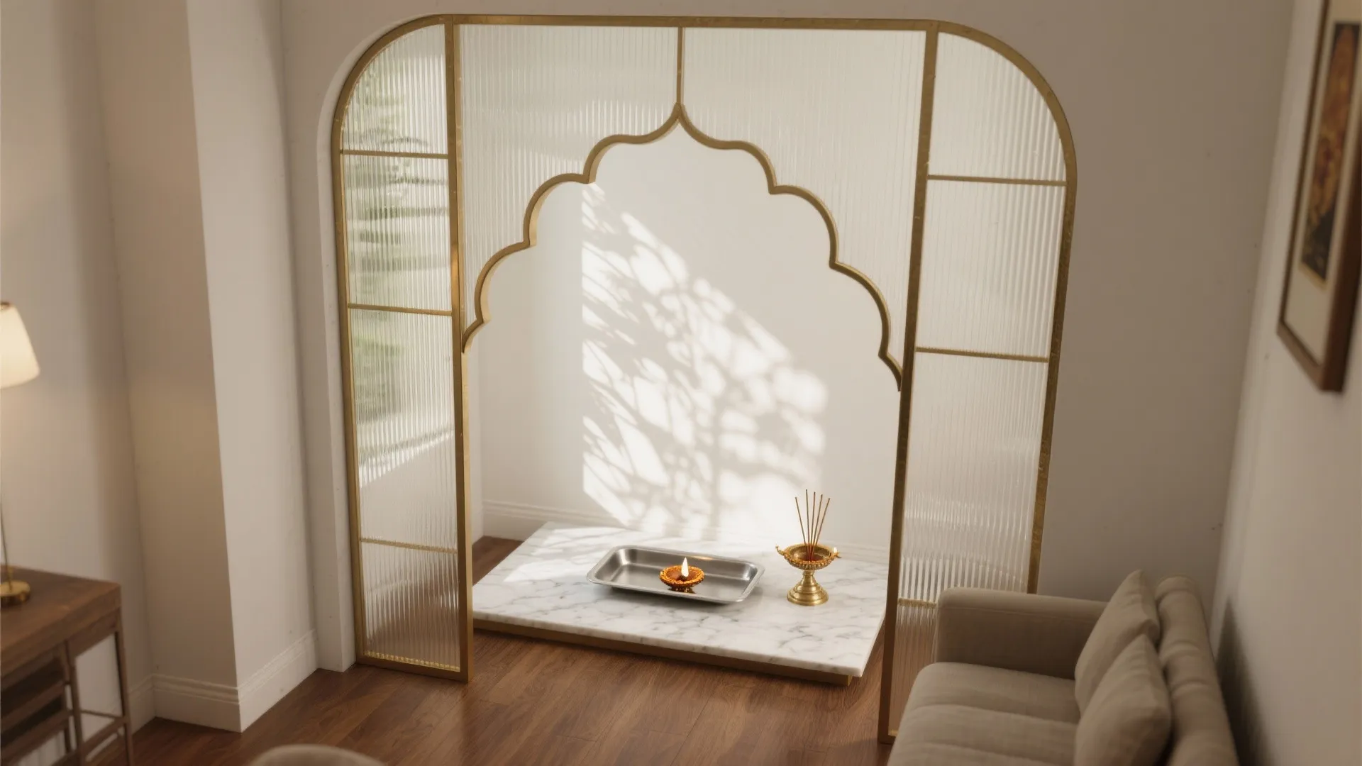 Glass Jaali and Brass Accents for Lightness