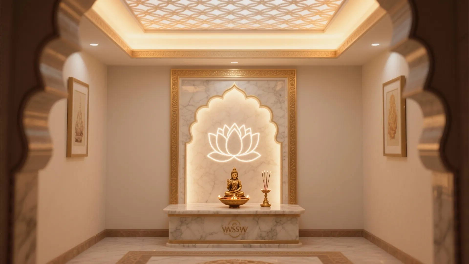 Backlit jaali panel with lotus or Om motifs