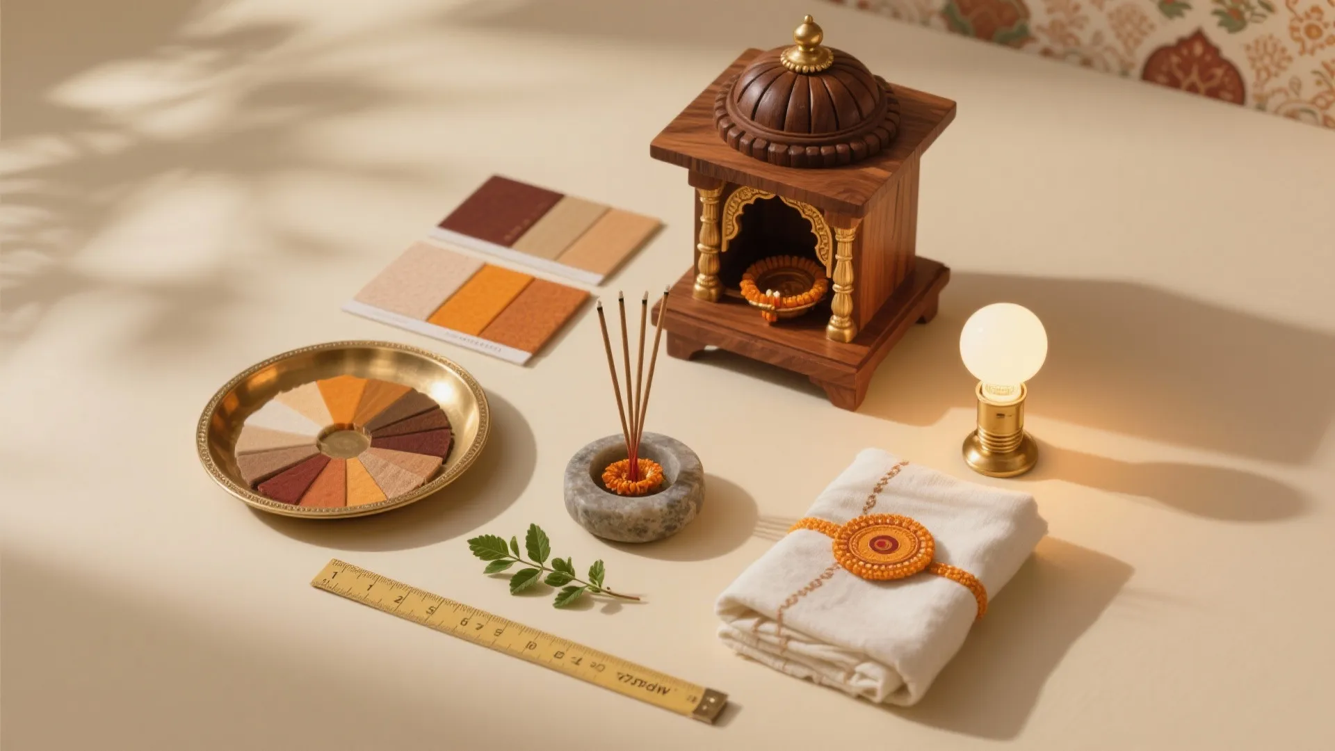 Flatlay of rental-friendly pooja kit: mini mandir, wallpaper swatches, brass tray, warm LED, textiles, incense.