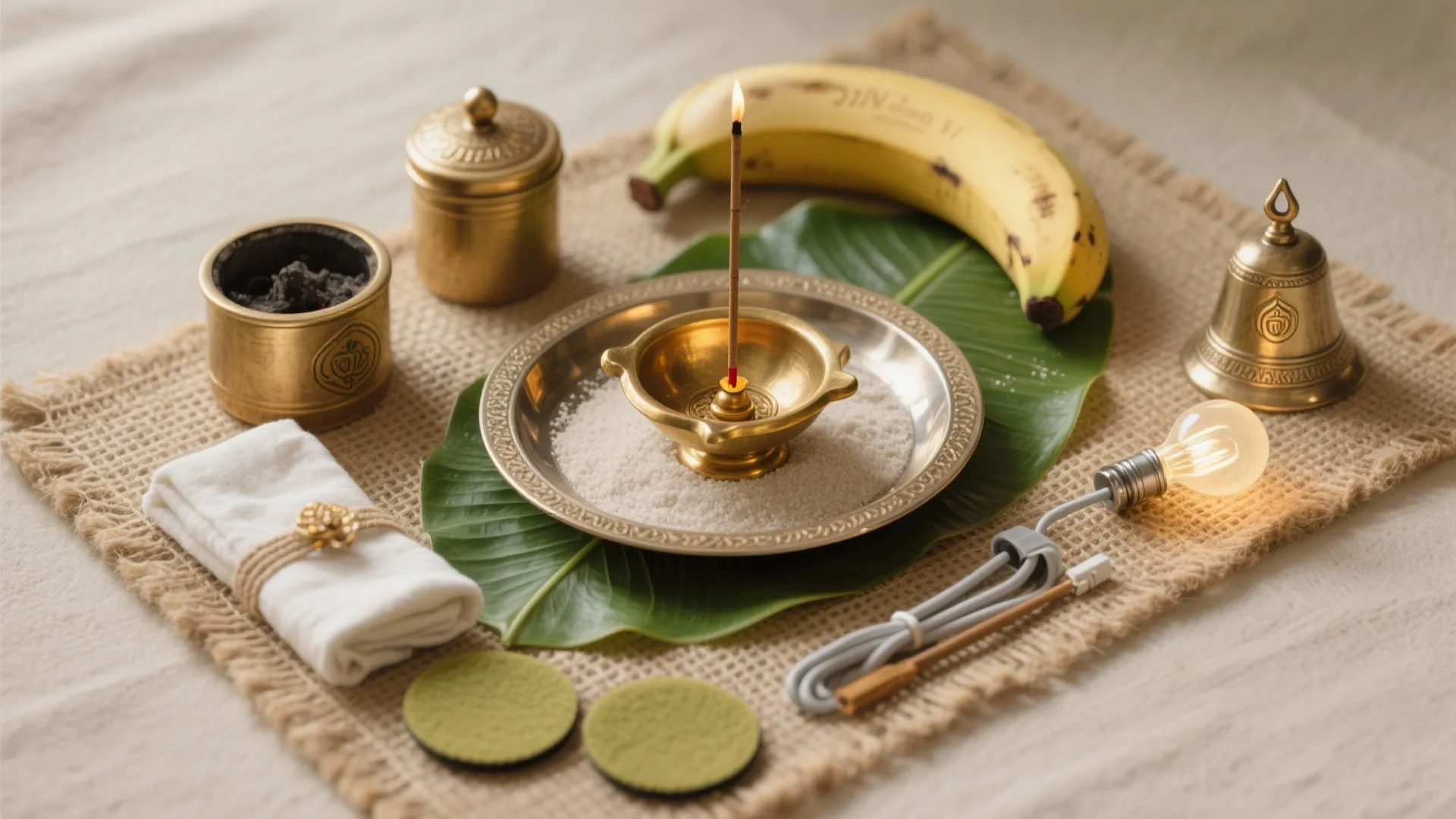Top-down pooja essentials: brass diya, incense holder, sand tray, lidded ash box, warm LED bulbs, jute mat, cotton cloth and banana leaves.