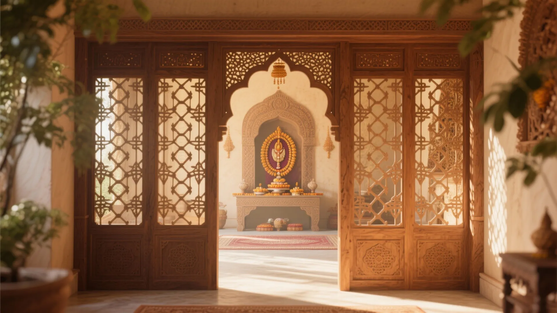 Traditional prayer room with carved wooden lattice wall panels, central altar, golden light, and rug flooring