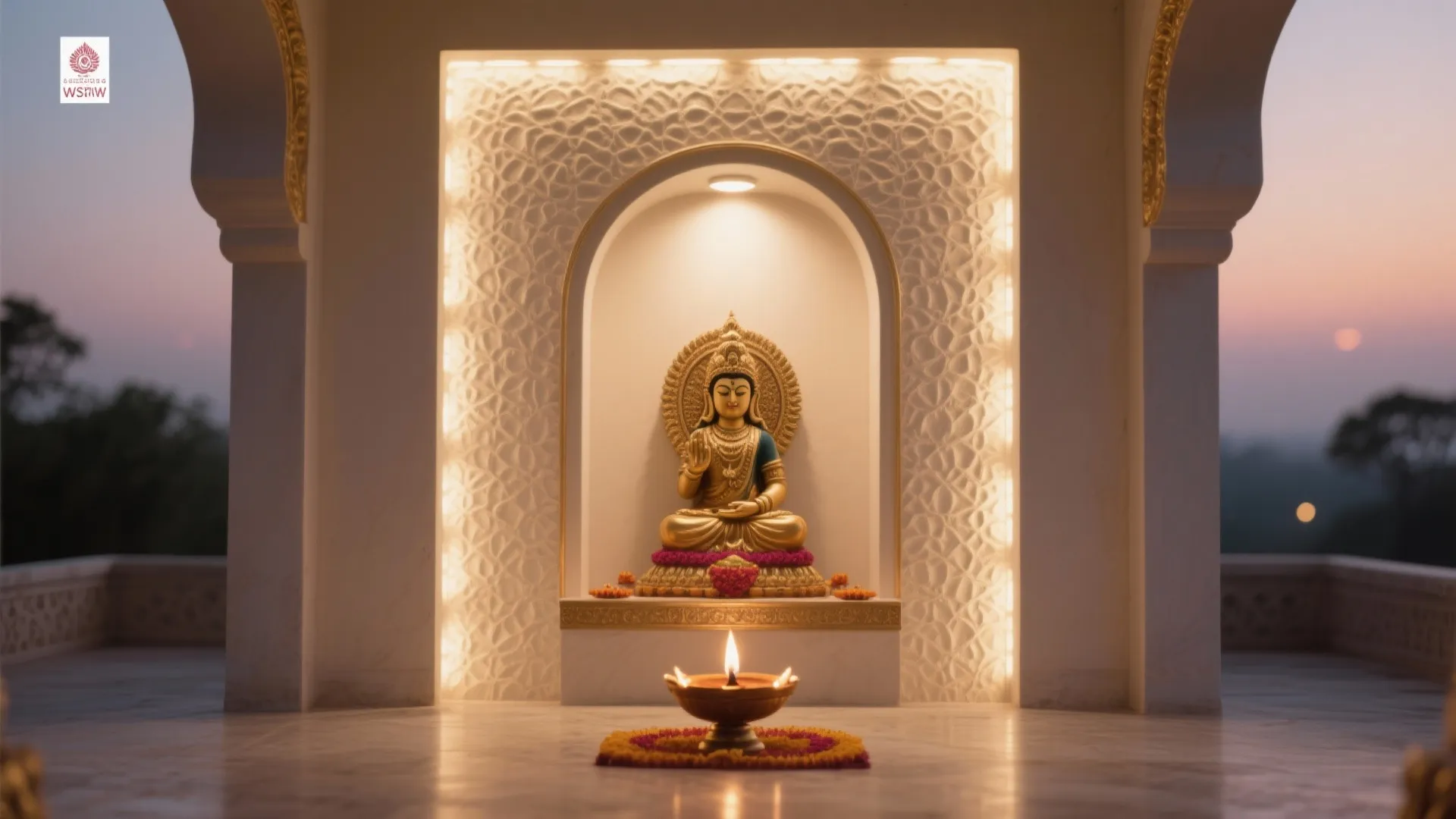 Pooja niche with warm diffused back glow and a soft downlight creating a serene evening mood.