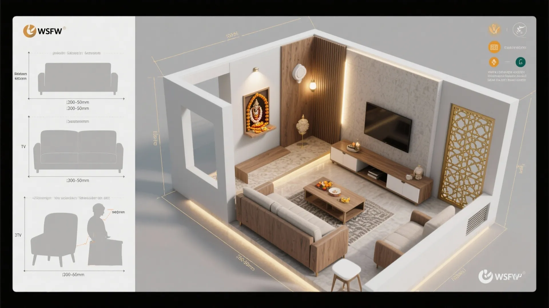 Interior design drawing showing a small living room layout with sofa and wall mounted altar