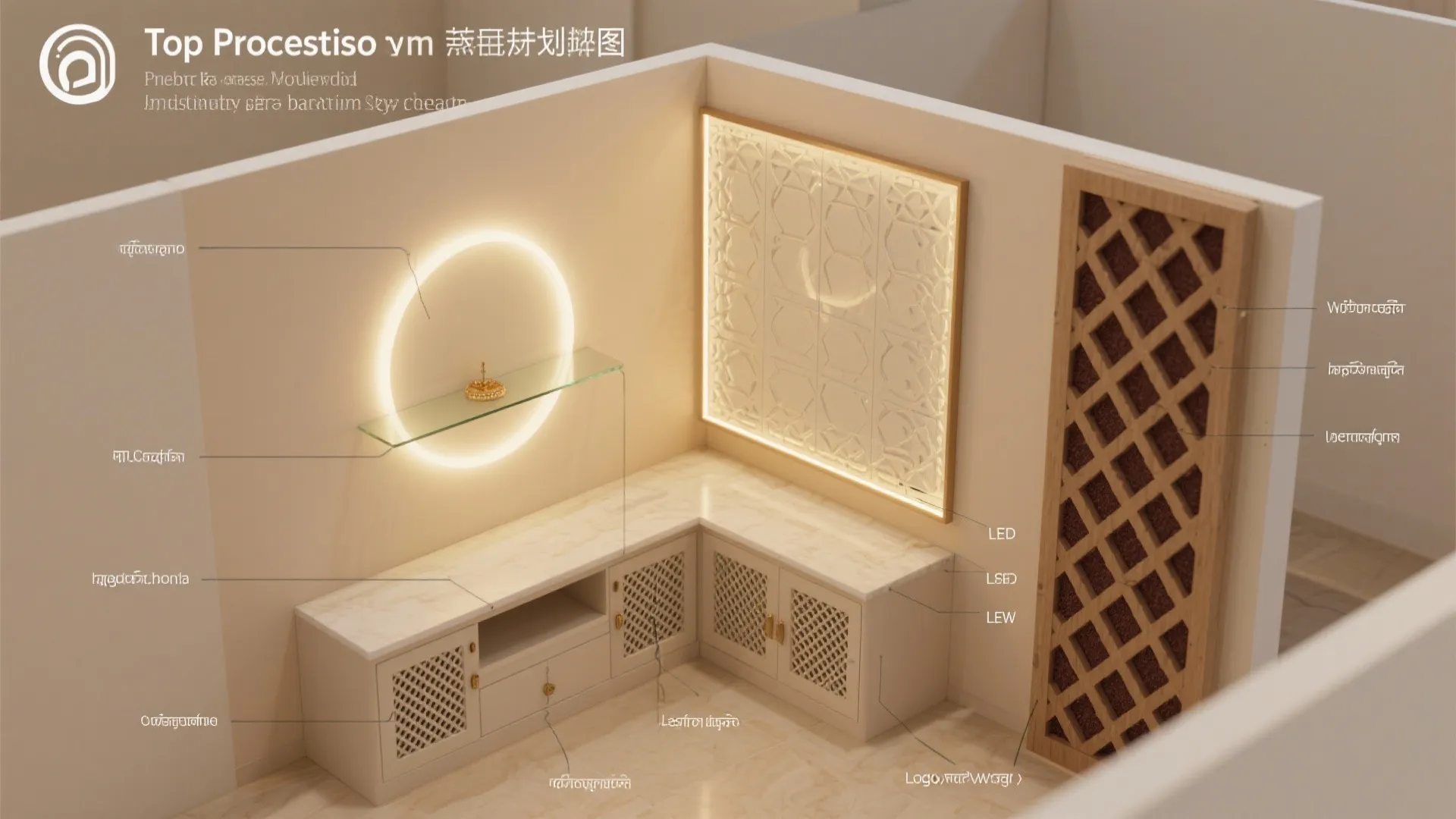 Top-down layout showing layers for backlit panel, halo shelf placement, cabinet ventilation, and felt lattice assembly.