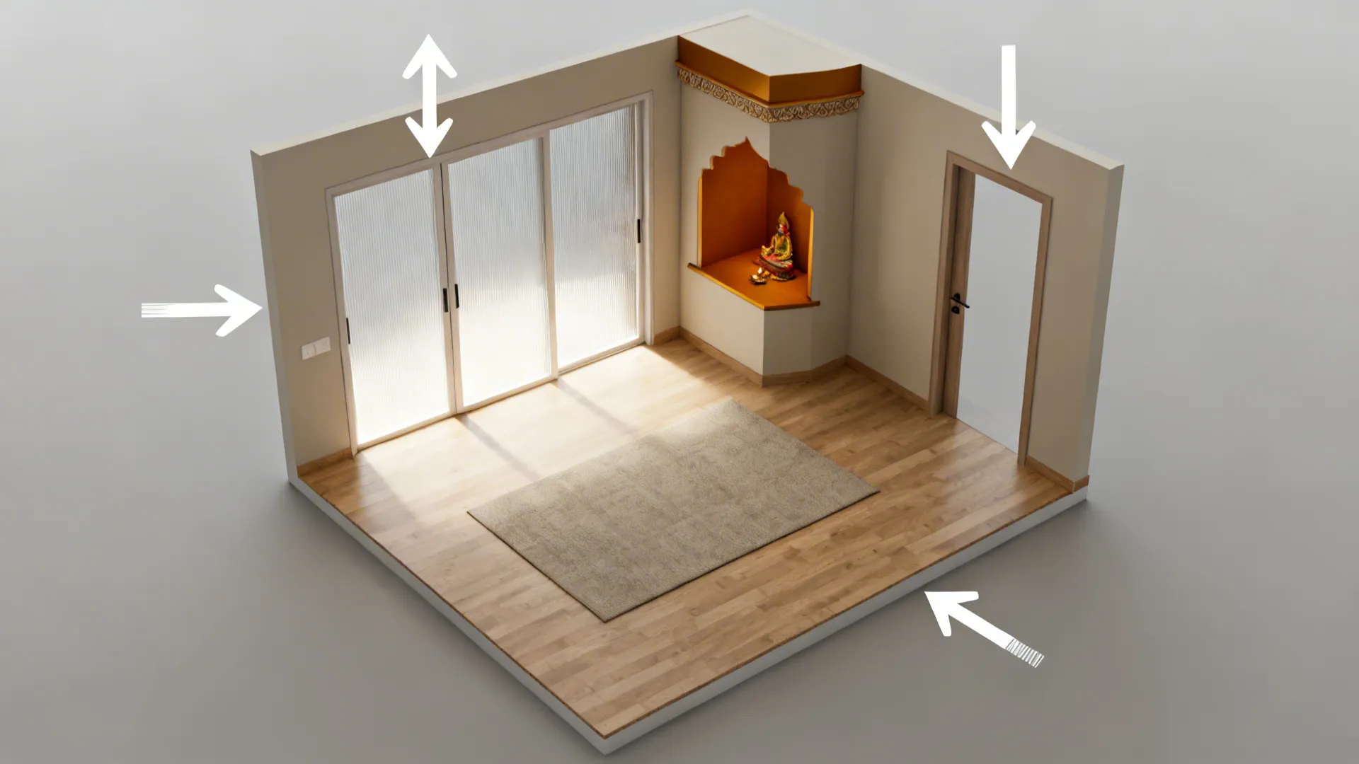 Interior design drawing of a room layout with sliding doors wooden floor and prayer corner