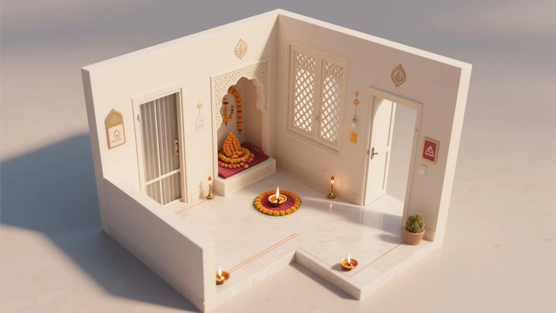 3D room layout drawing of a small prayer space with white walls and floor lamps