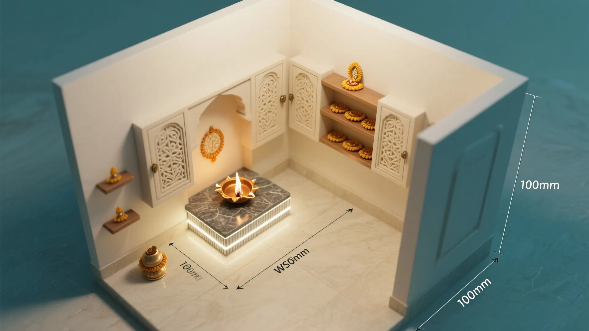 Small prayer room interior design drawing with white cabinets wooden shelves and floor measurement labels shown