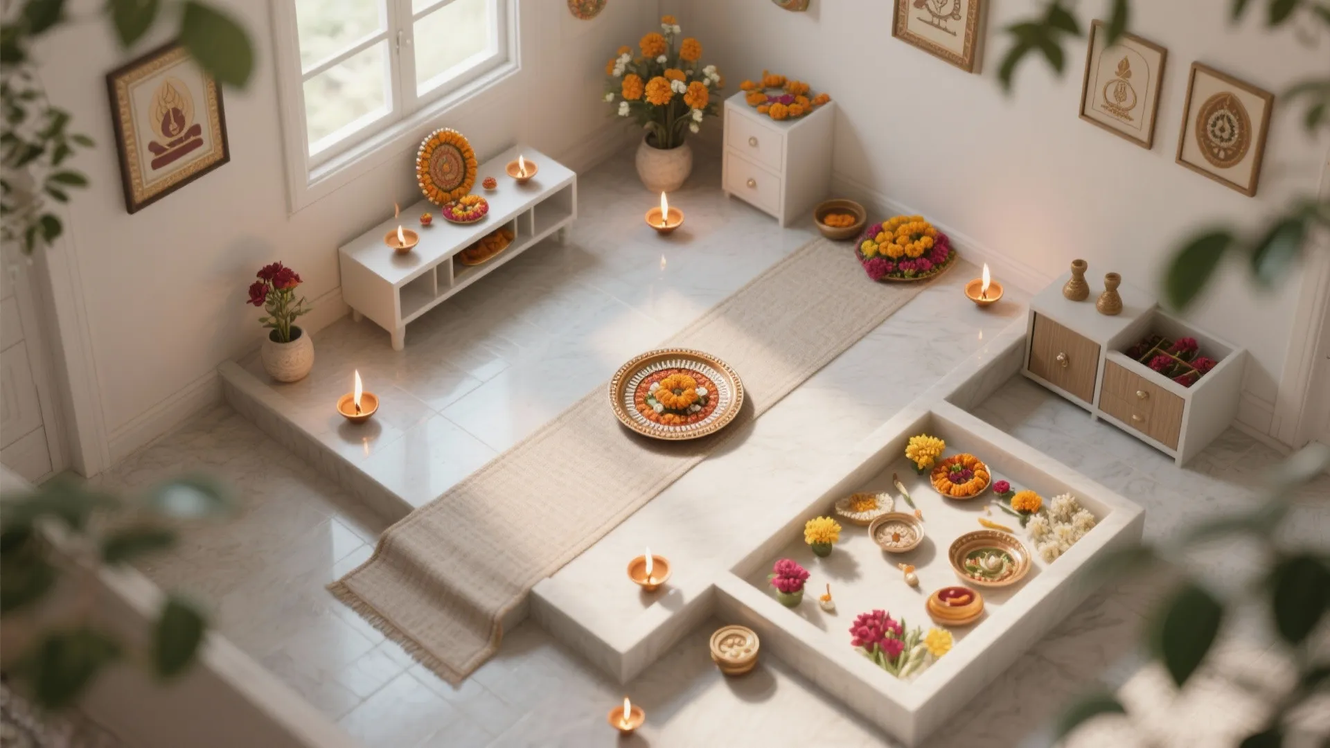 Top-down plan of a compact pooja setup showing safe zones for diyas, flowers, and offerings.