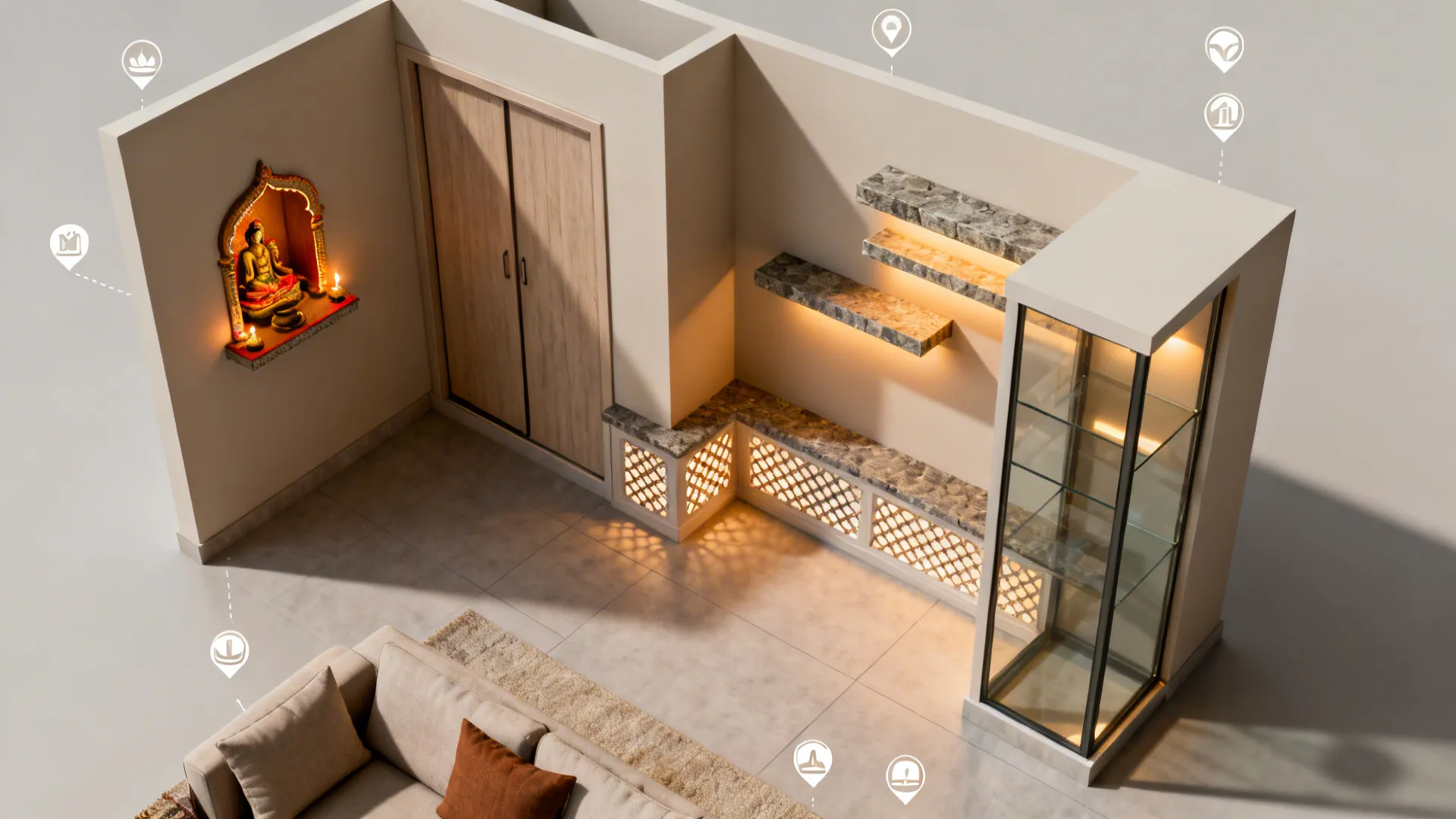 Top-down plan-style render showing five compact pooja integrations within a small living room.