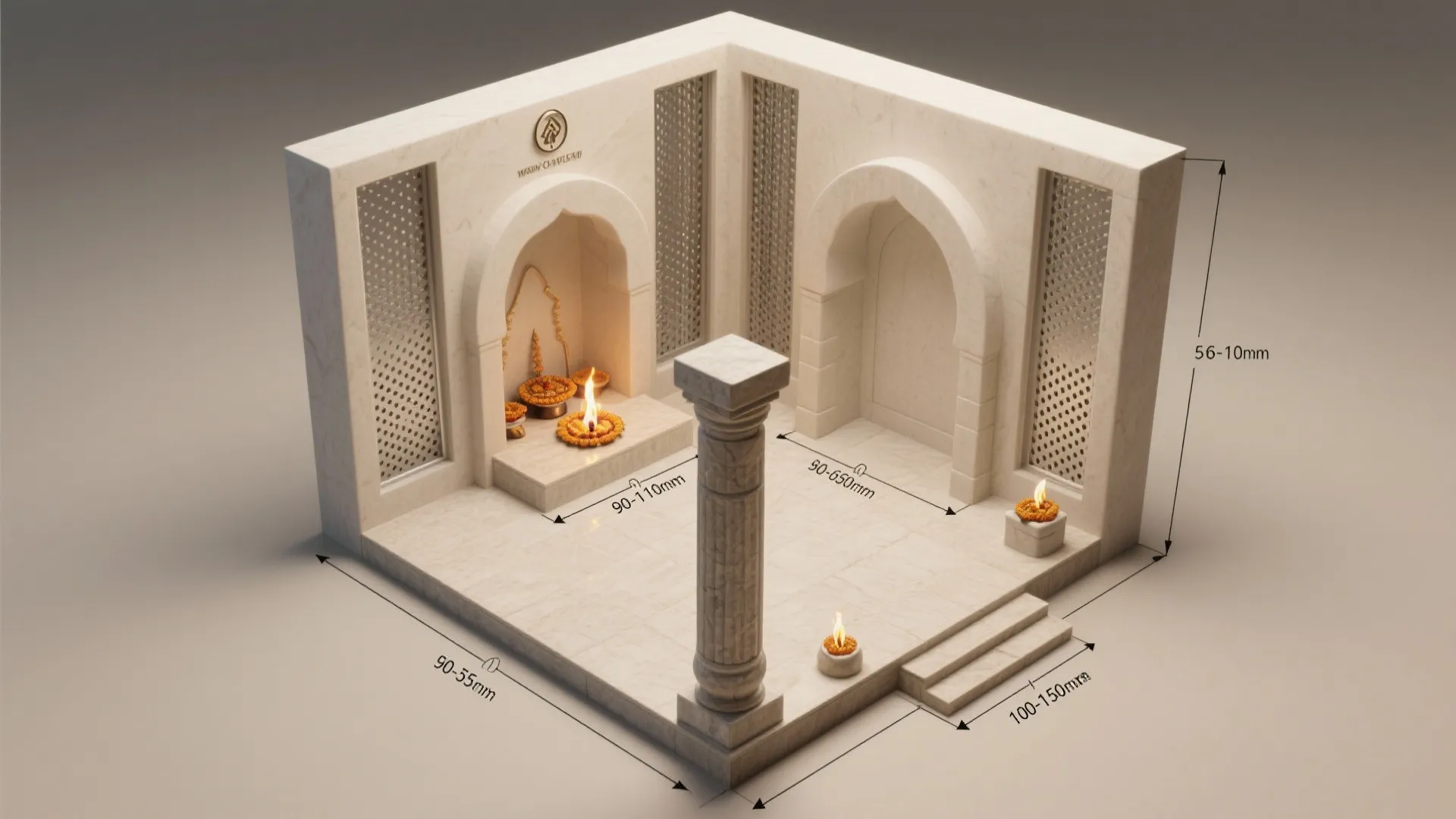 Top-down planning render showing pillar thickness options and safe clearances for diyas in a compact pooja corner.