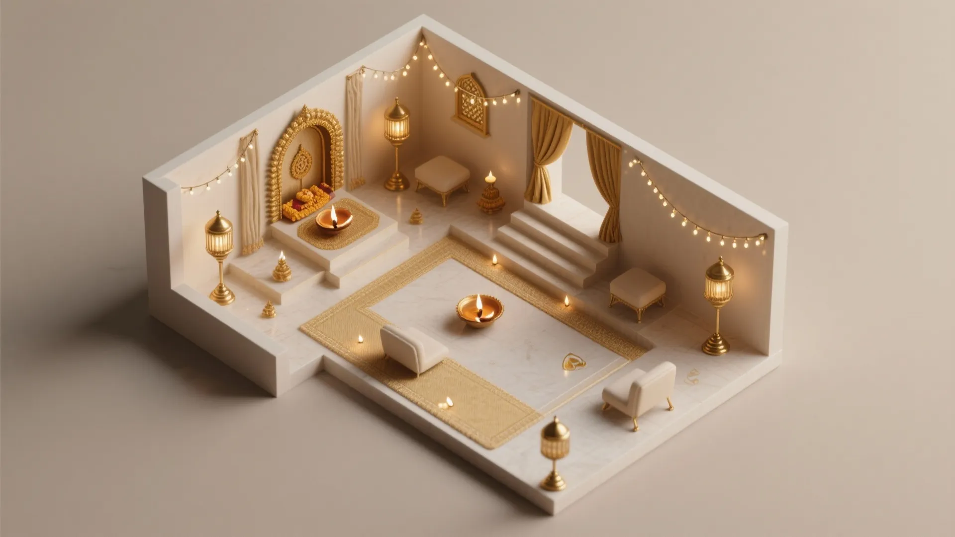 Warm Lighting Layers: Diyas, Fairy Strings, and Pin Spots