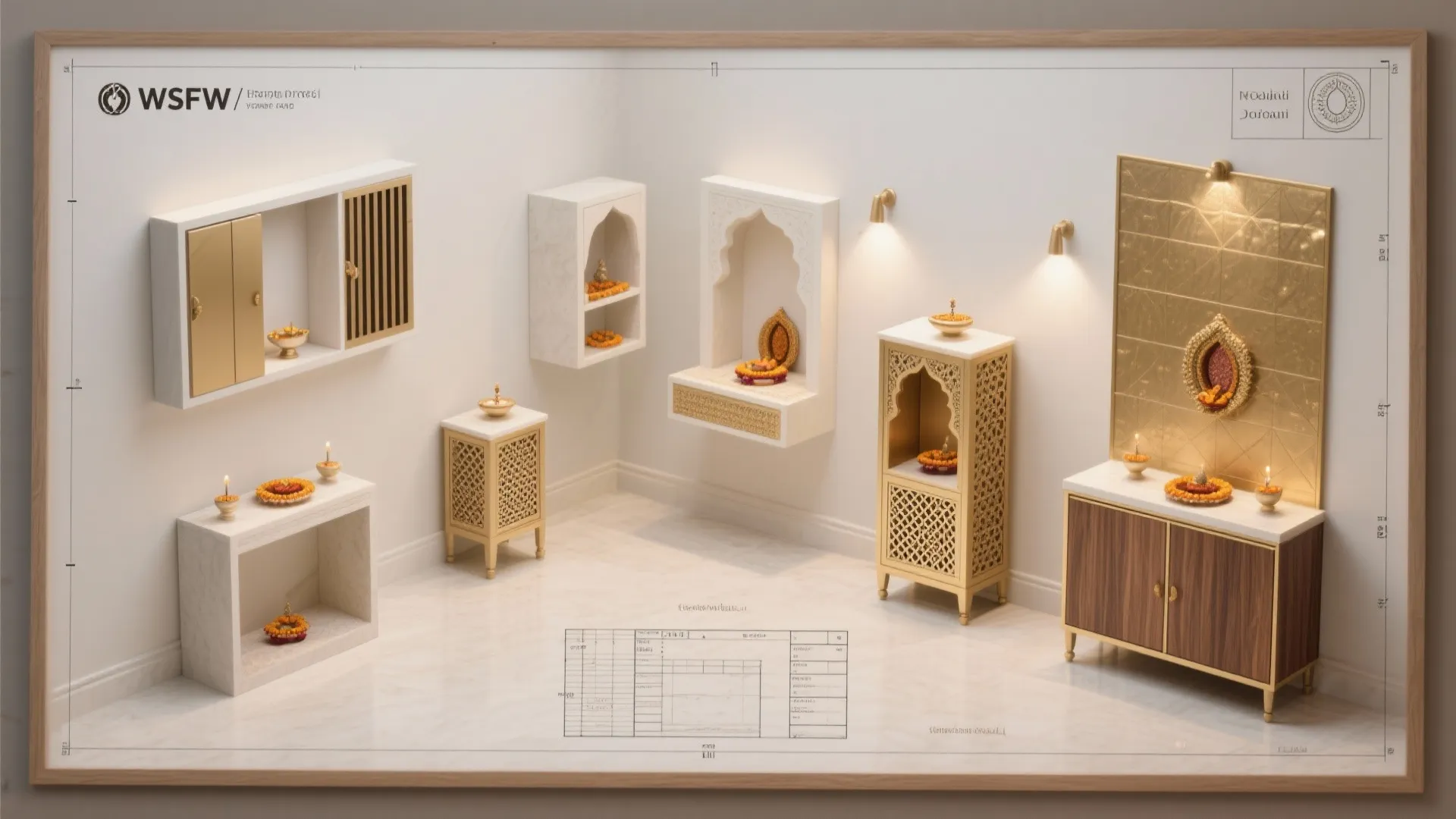 Interior design drawing showing various white and gold wall shelves and small cabinets for prayer