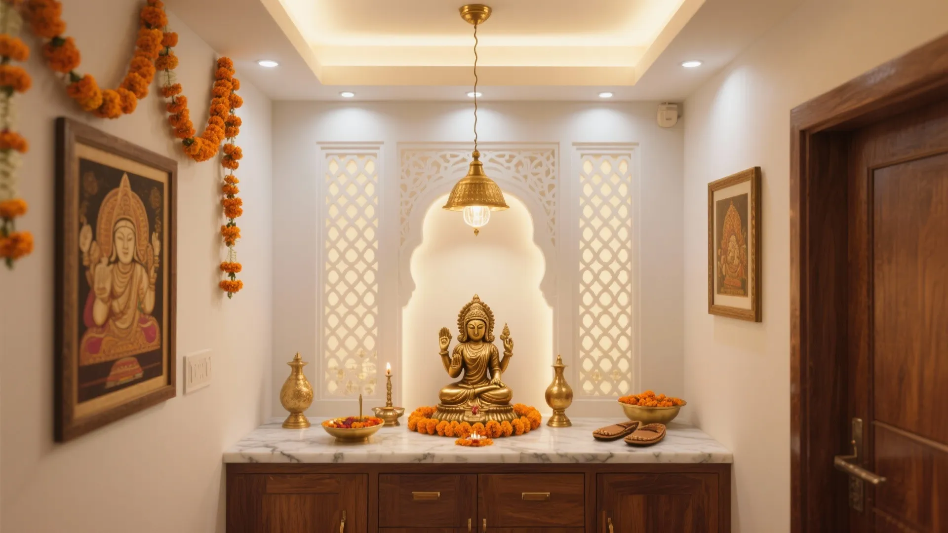Traditional prayer room with golden statue marble counter white walls warm ceiling light and flowers