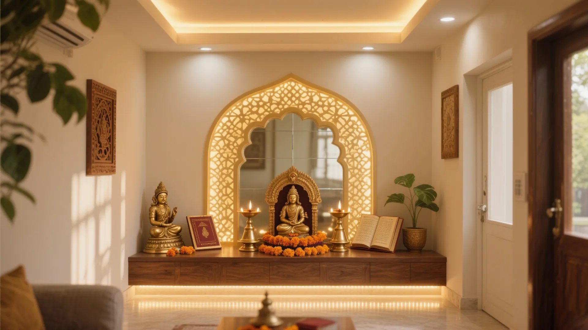 Modern prayer room featuring golden statues books and candles on a long wooden storage cabinet