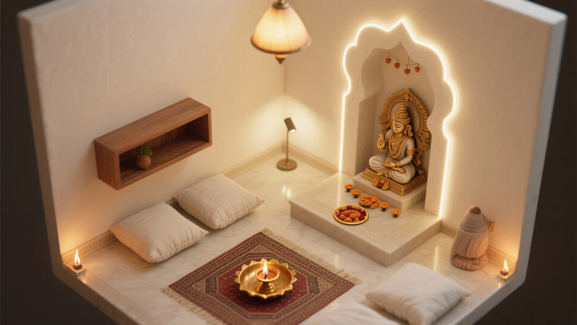 Modern prayer room with white walls golden statue floor cushions and one bright ceiling light