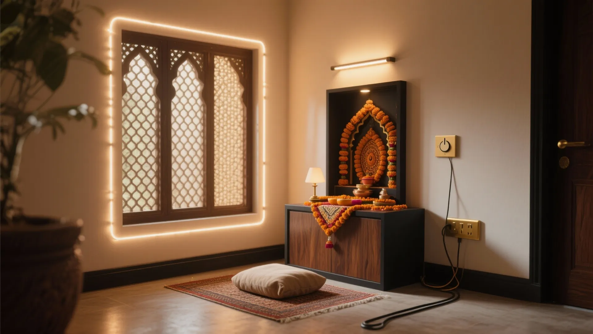 Small prayer room with wooden cabinet altar orange flower garlands floor cushion and warm lighting