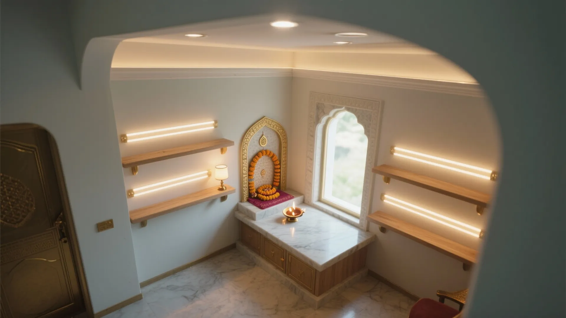Small prayer room with marble platform wooden wall shelves bright light fixtures and a arched window