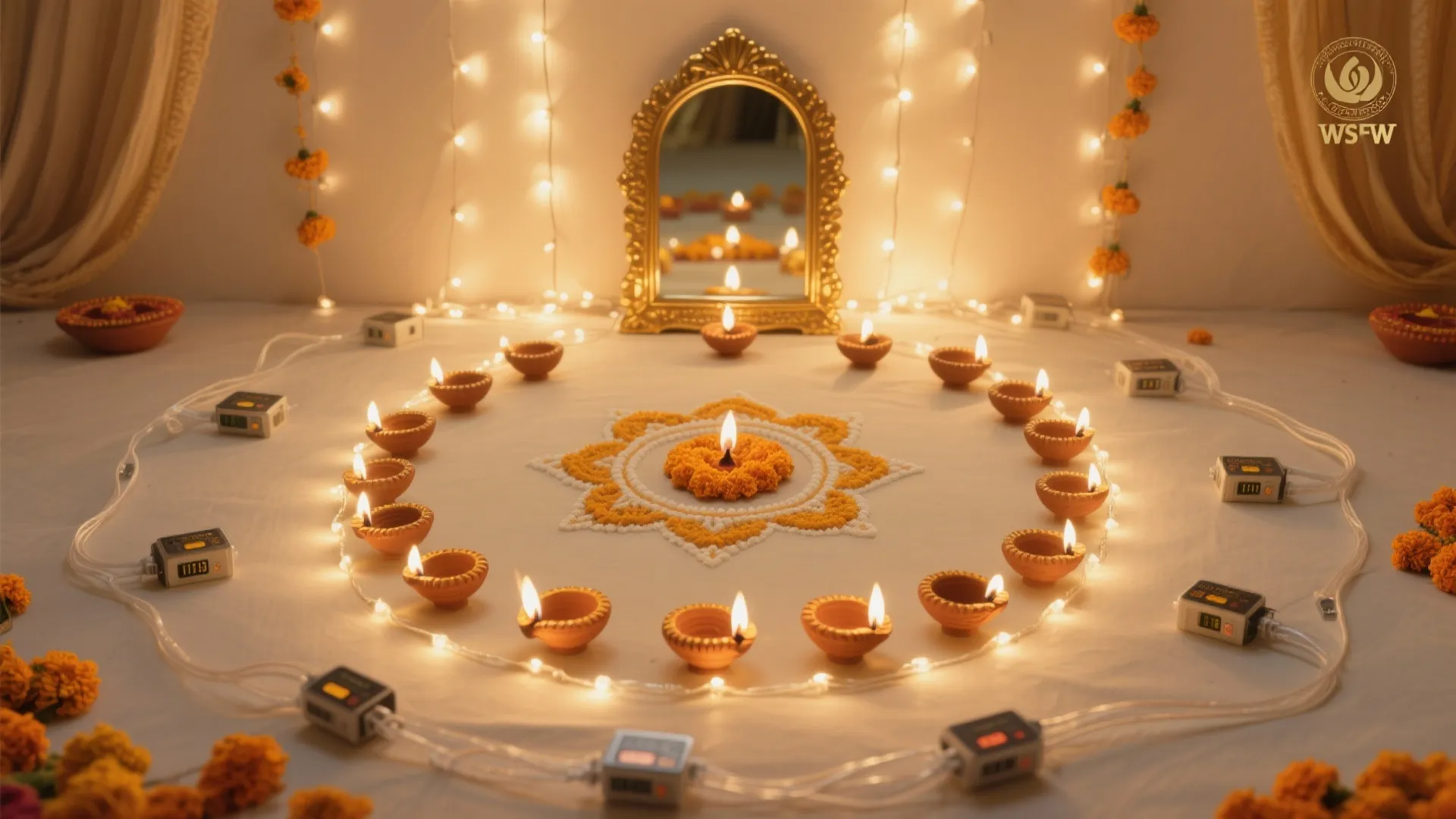 Layered Lighting: Diyas, Fairy Lights, and Rangoli Glow