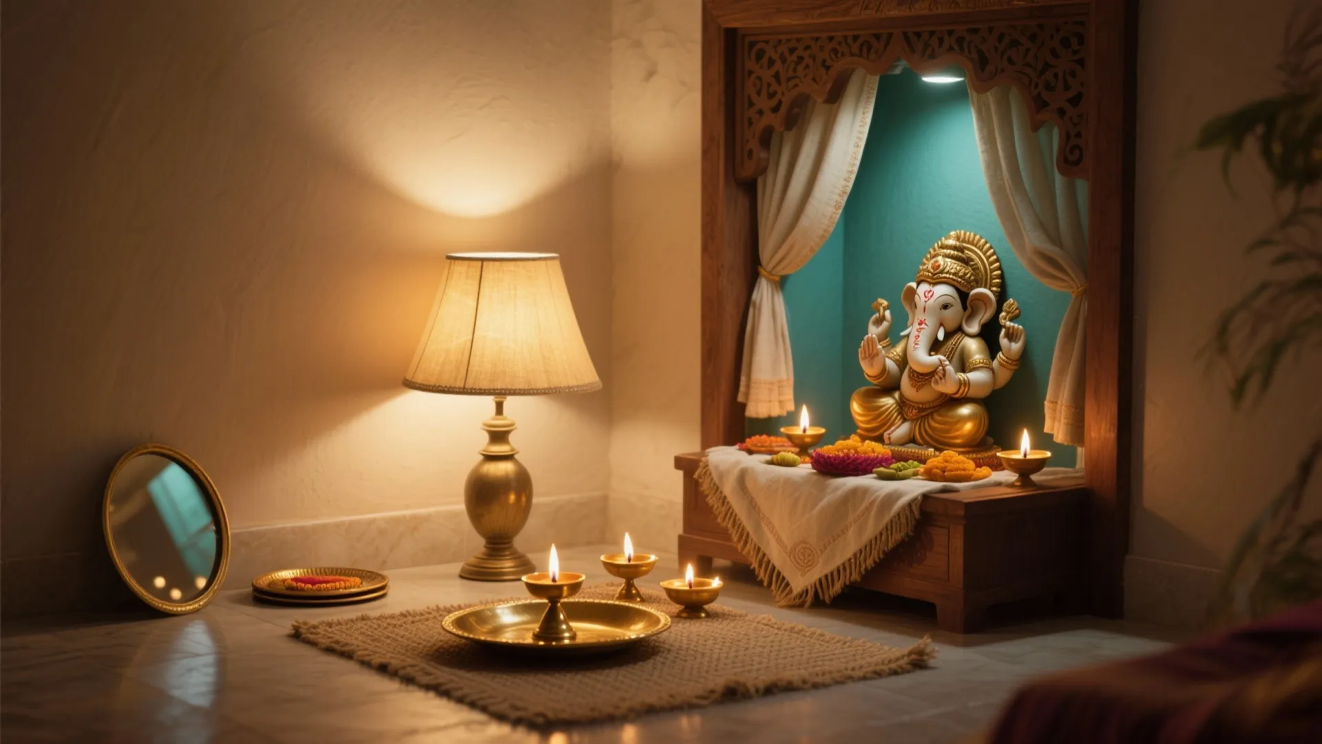 Small pooja corner with layered warm lighting—ambient lamp, focused task light on idol, and diyas for a soft sacred glow.