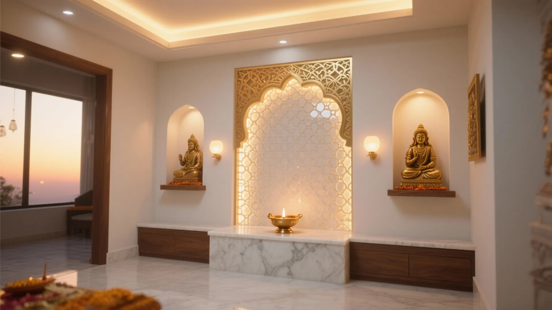 Modern prayer room with marble altar gold statues wall lights and decorative carved wall panel