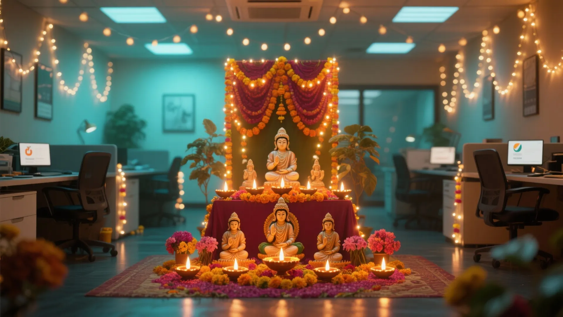Office Pooja space with layered lighting using fairy lights and LED diyas