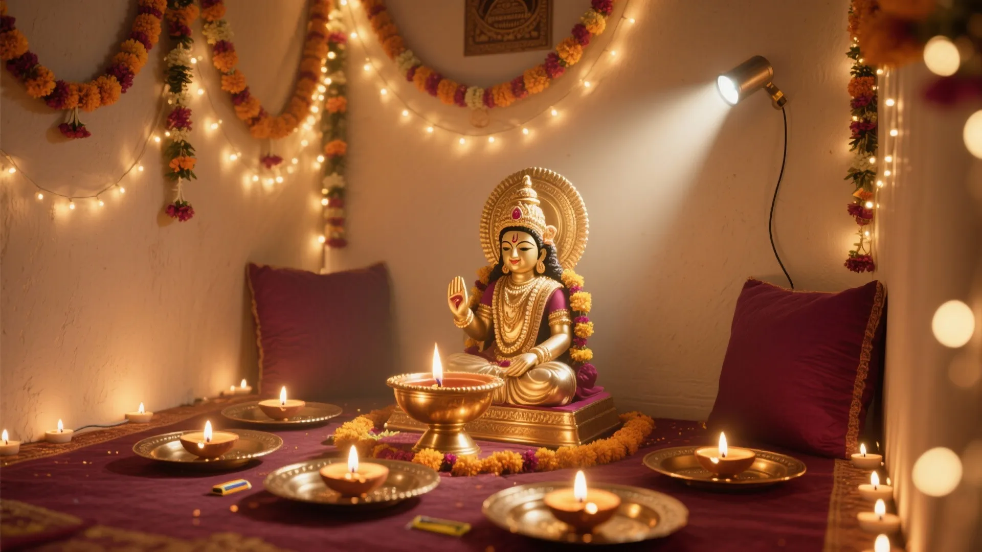 Warm Lighting Layers: Diyas, Fairy Strings, and Pin Spots