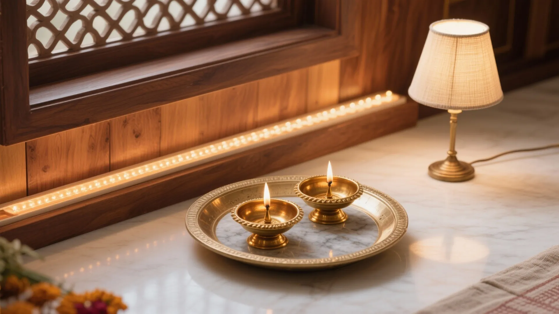 Golden oil lamps on a marble tray with a small table lamp and warm lighting