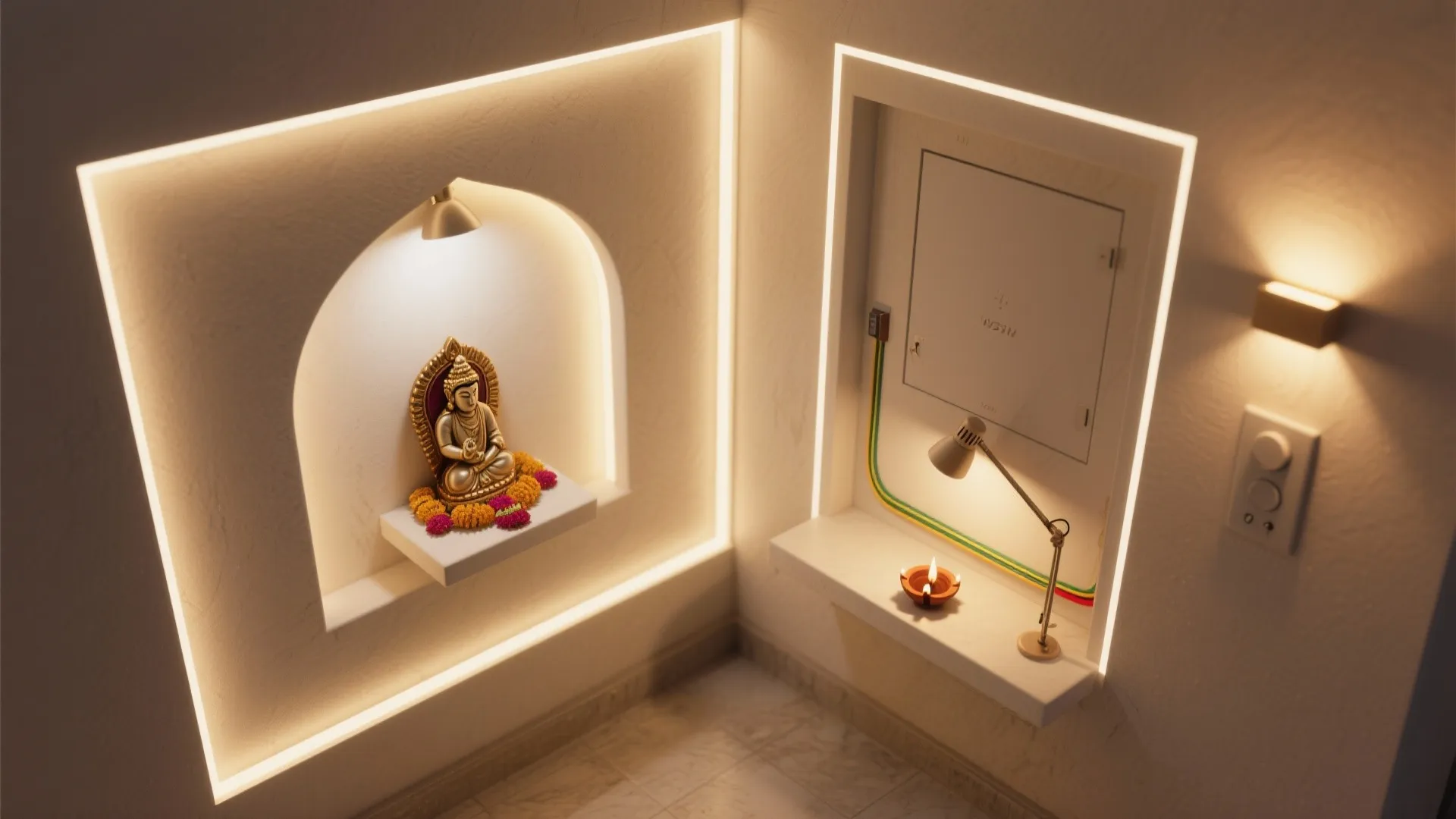 Top-down view of layered pooja lighting with diffused back glow and task light over the diya.
