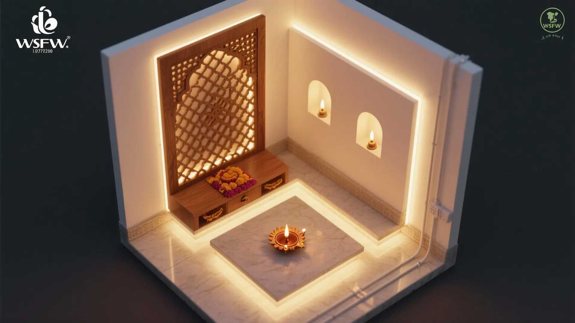 Interior design drawing of prayer room with wooden wall panel hidden lights and marble floor