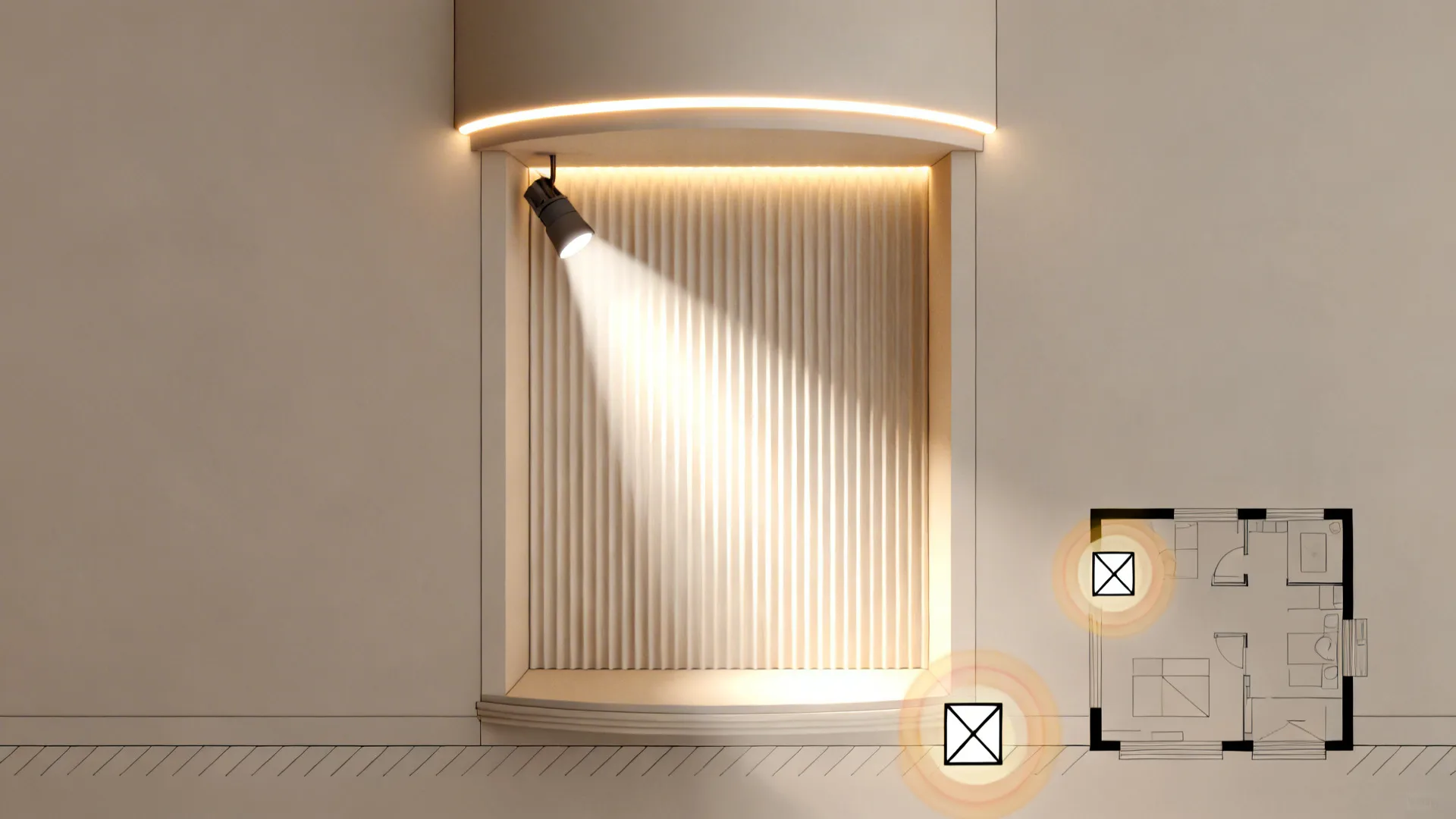 Top-down visual showing backlit panel, cove light, and a focused spot for a pooja niche.