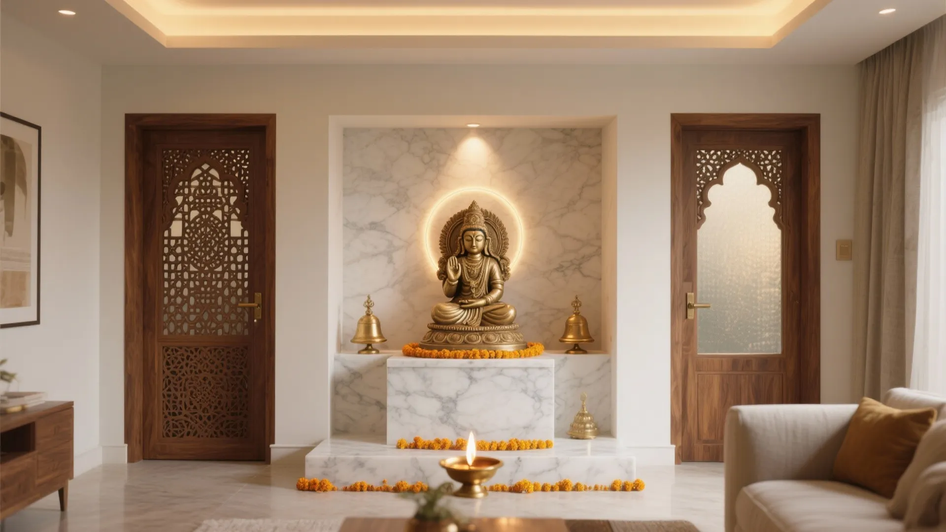 Prayer room with marble altar gold statue carved wooden doors white sofa and ceiling lights