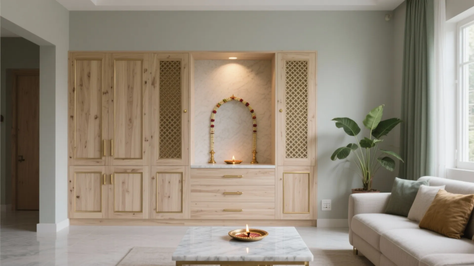 Living Room Feels Cluttered? Pooja Room in Living Room Designs