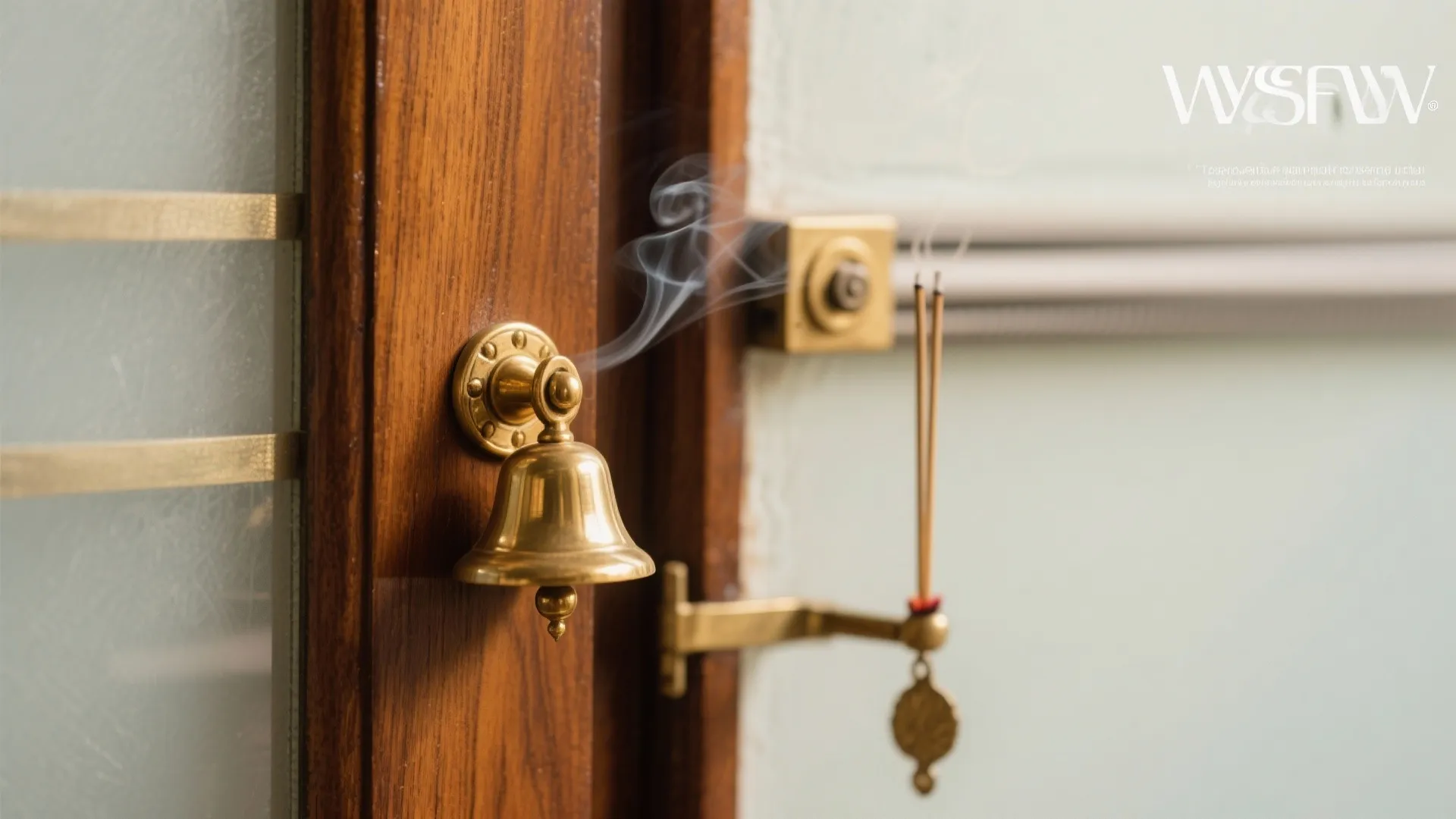 Small brass bell on wooden door with white smoke from burning incense sticks in room