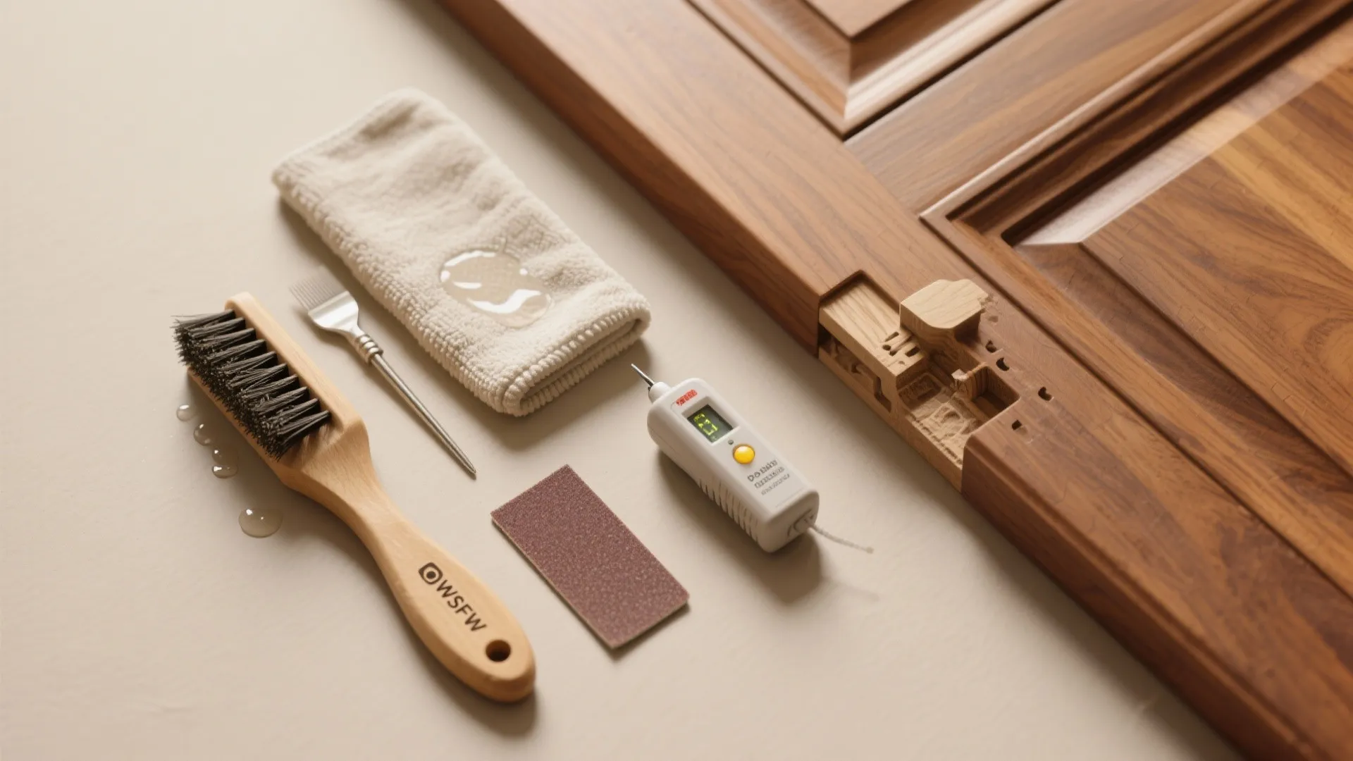 Cleaning tools including a brush and cloth displayed next to a wooden door for home maintenance