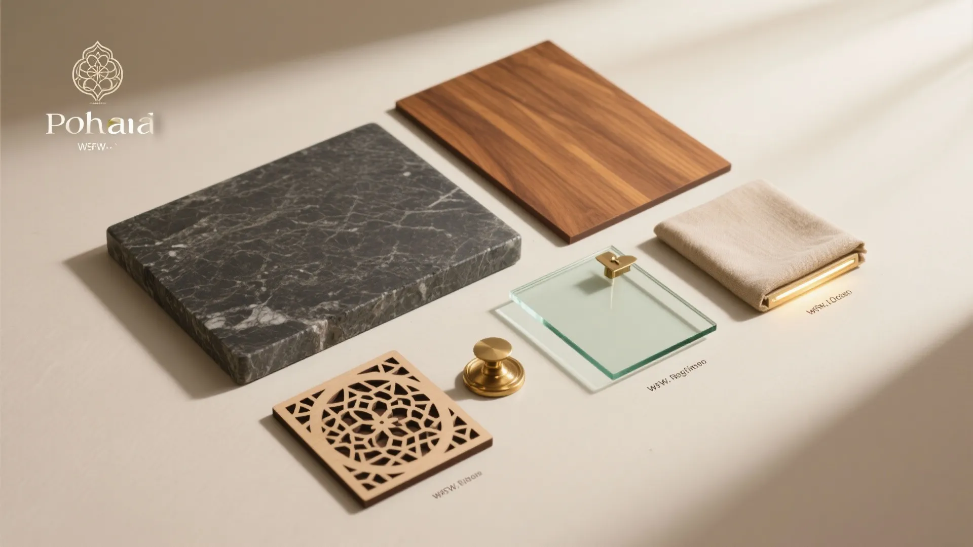 Material palette: stone, wood veneer, and textured jaali