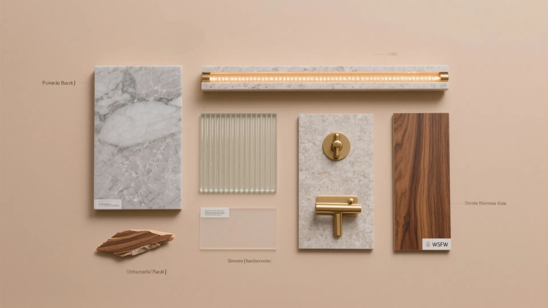 Top-down flatlay of stone, glass, brass, and wood samples for a pooja backdrop.