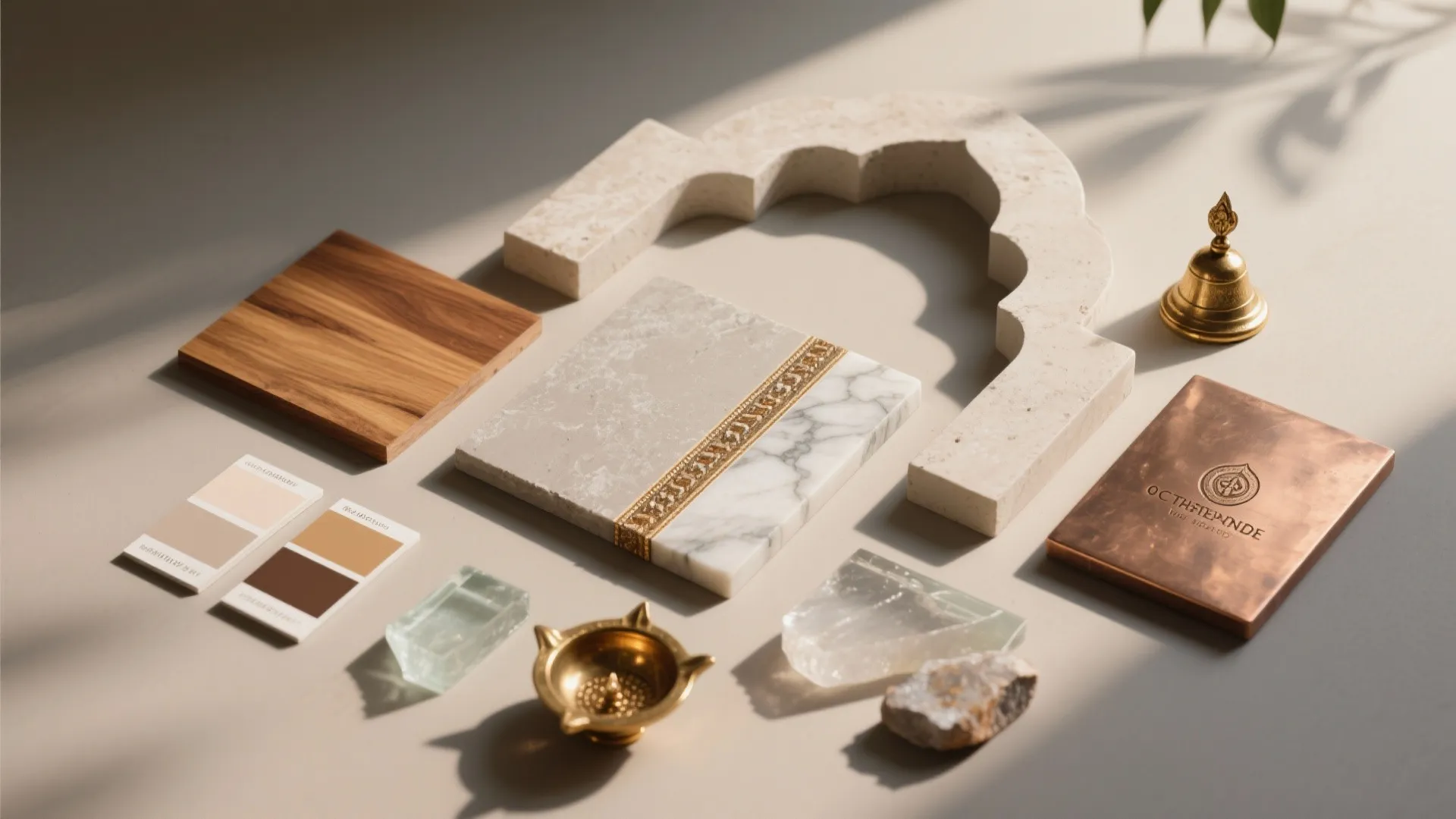 Flat lay of interior design materials including wood marble stone metal and various color swatches