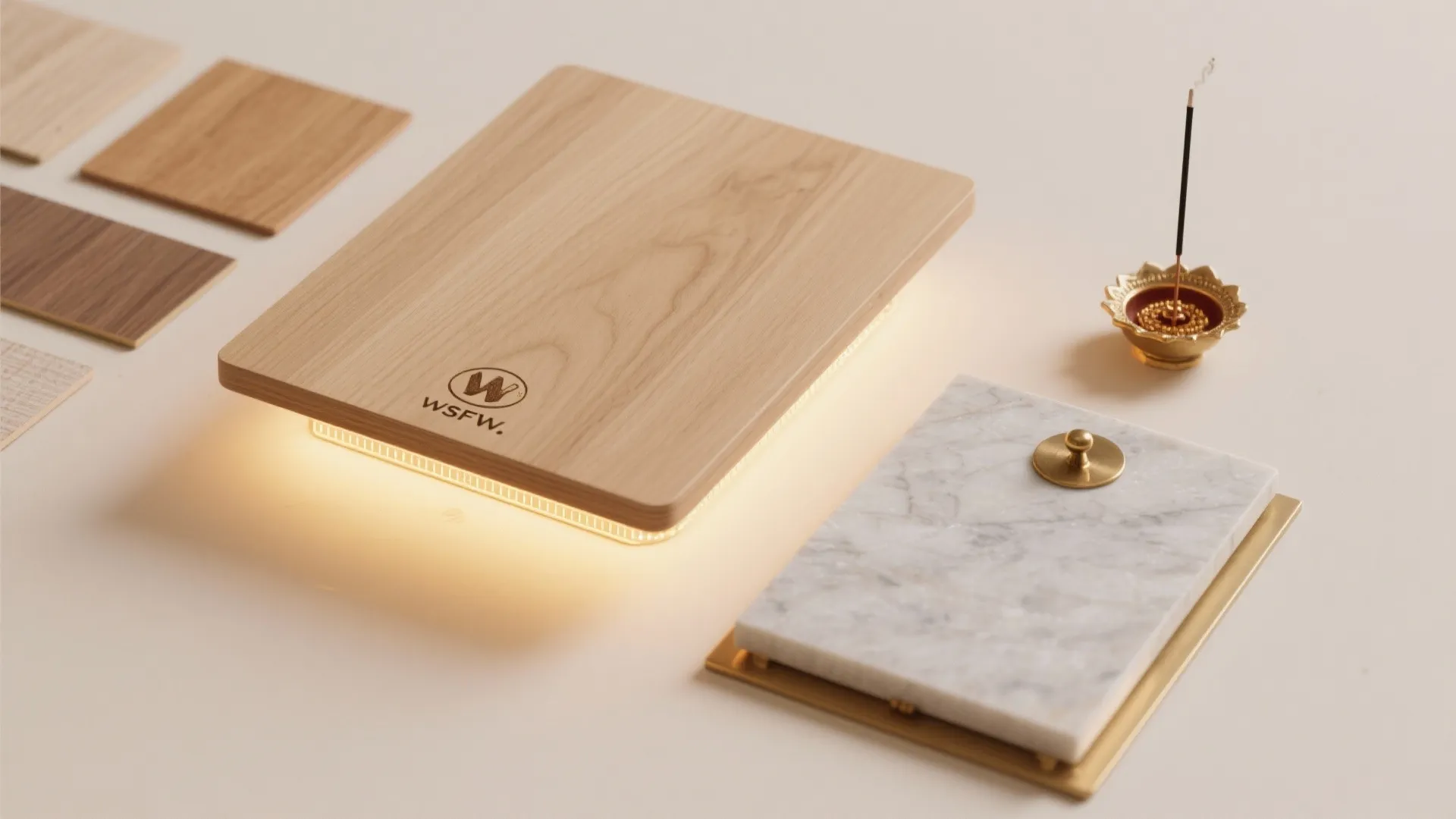 Interior design material samples featuring wood board marble tile gold metal and an incense holder