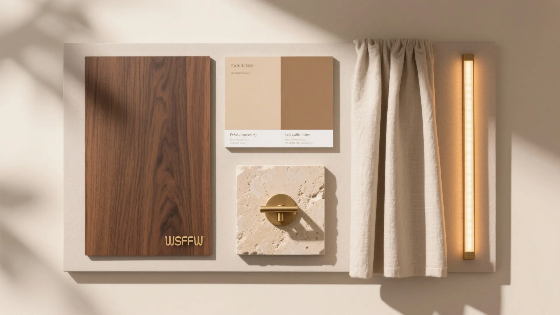 Flat lay of walnut veneer, beige stone, brushed brass, and warm LED strip.