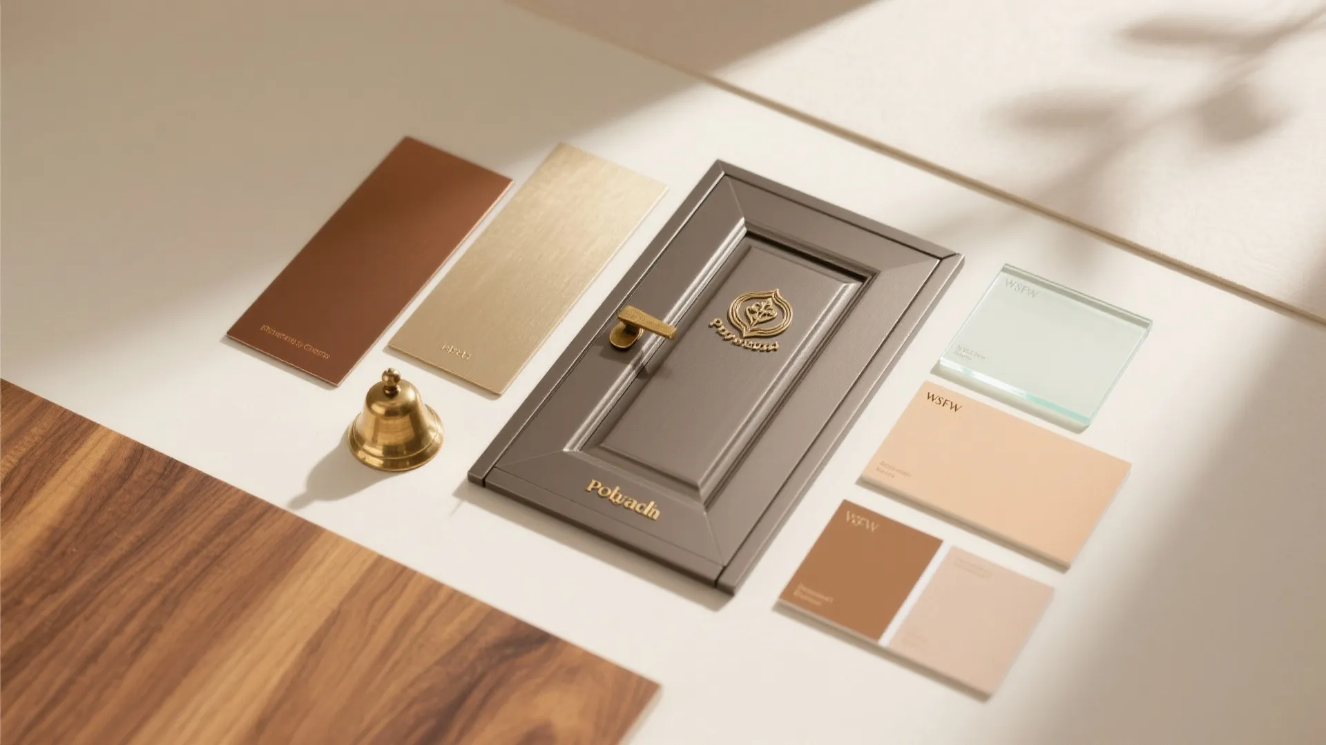 Flat lay of metal finishes, brass bells, frosted glass, and warm neutral palette samples.