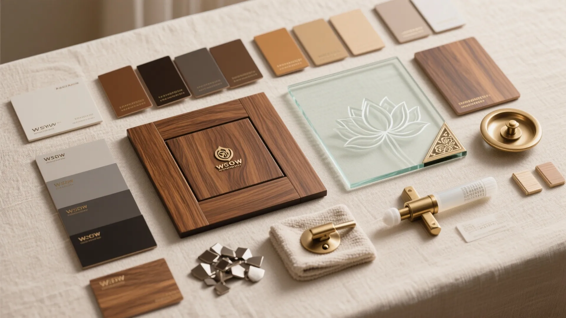Flatlay of teak veneer, matte lacquer, powder-coated metal, frosted glass, and brass finishes.