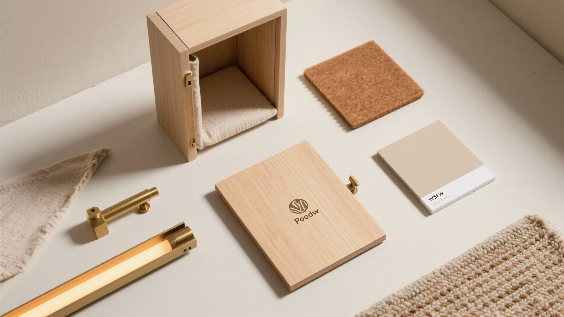 Flat lay of oak veneer, linen, felt, brass hardware, warm LED, and matte paint swatches.