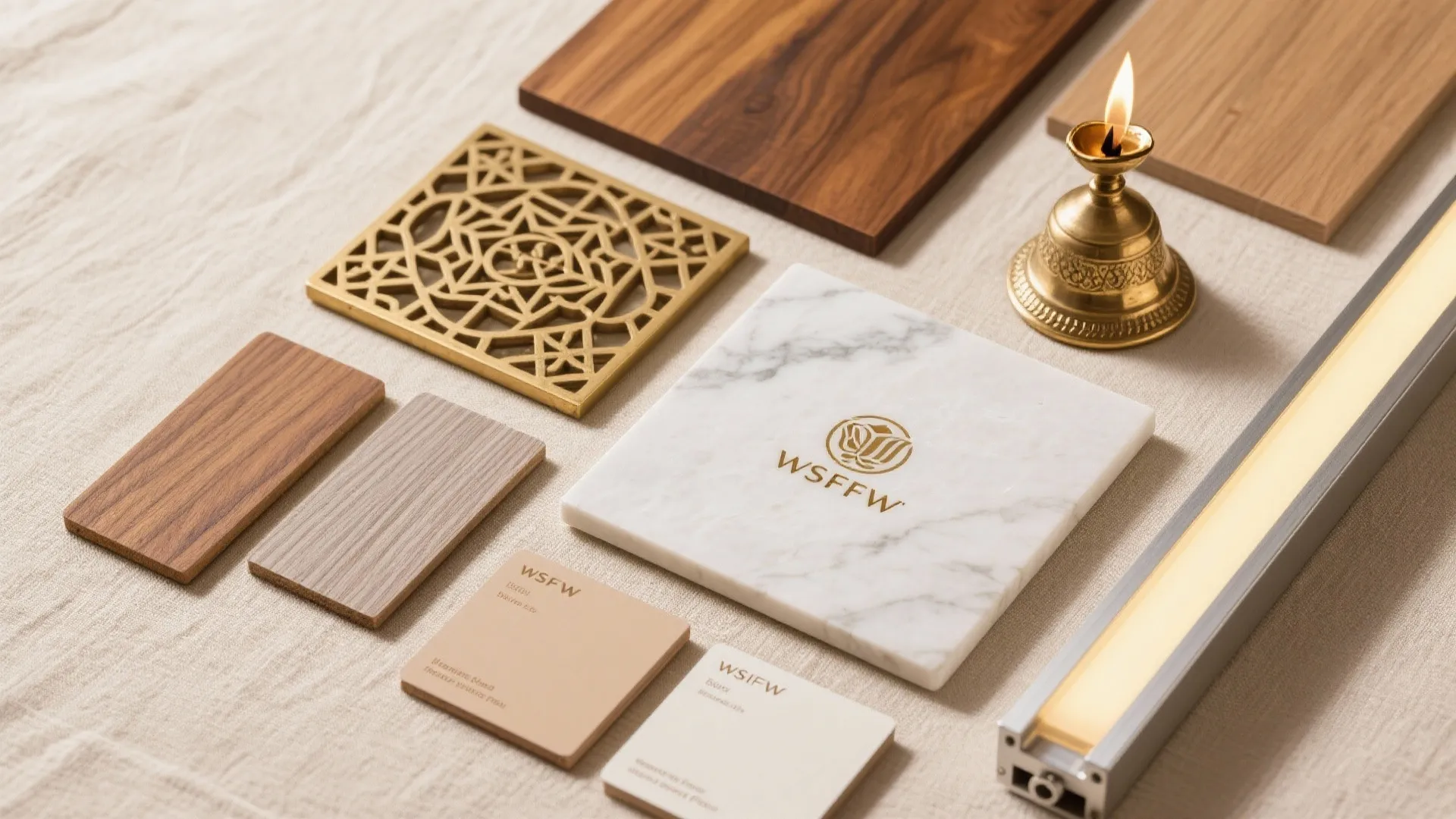 Interior design material samples including wood marble gold metal plate and small light fixture on fabric