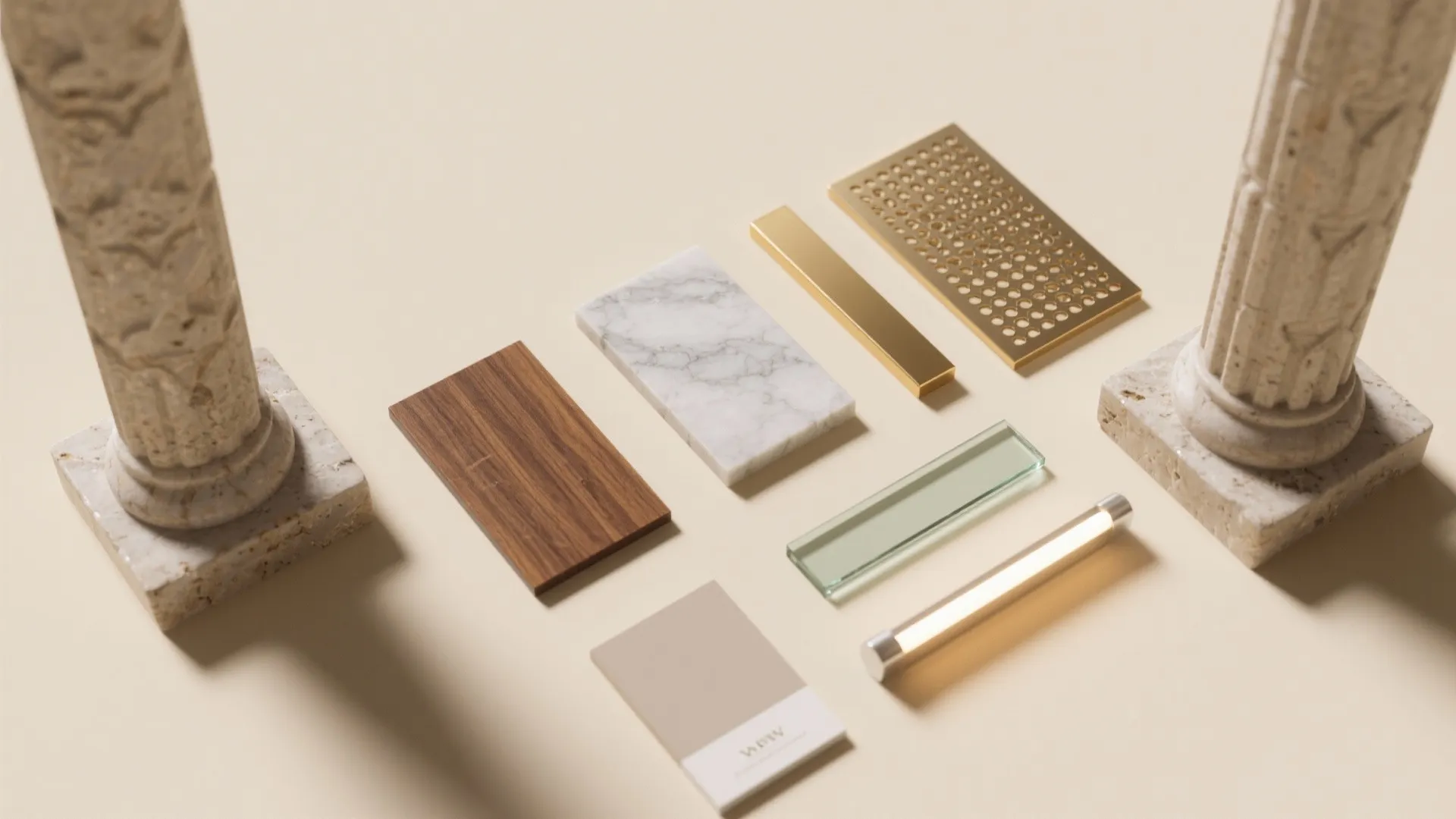 Flat lay of honed stone, teak veneer, brushed brass, perforated metal, low-iron glass, and LED strip samples.